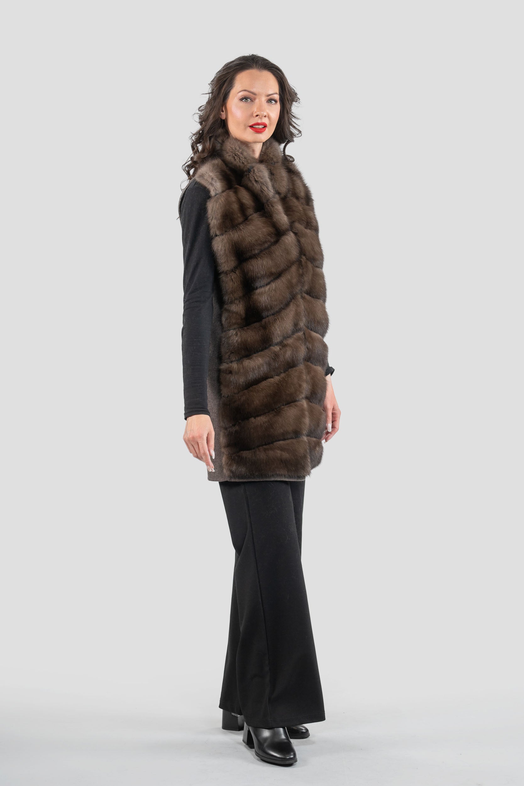 Brown Cashmere Vest with Russian Sable Trim 17C8003