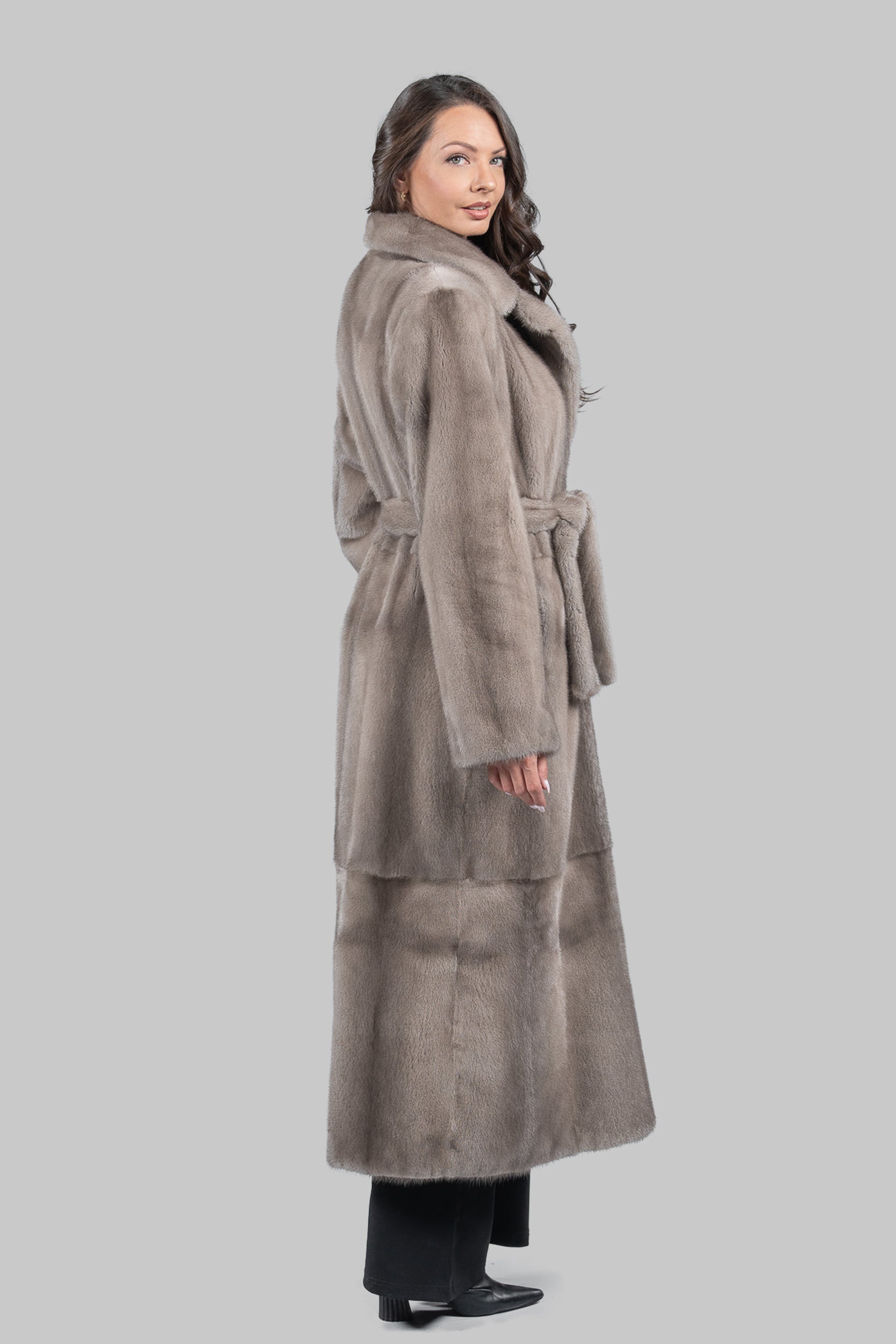 Silver Blue Skin to Skin Belted Mink Long Coat S/S13C976