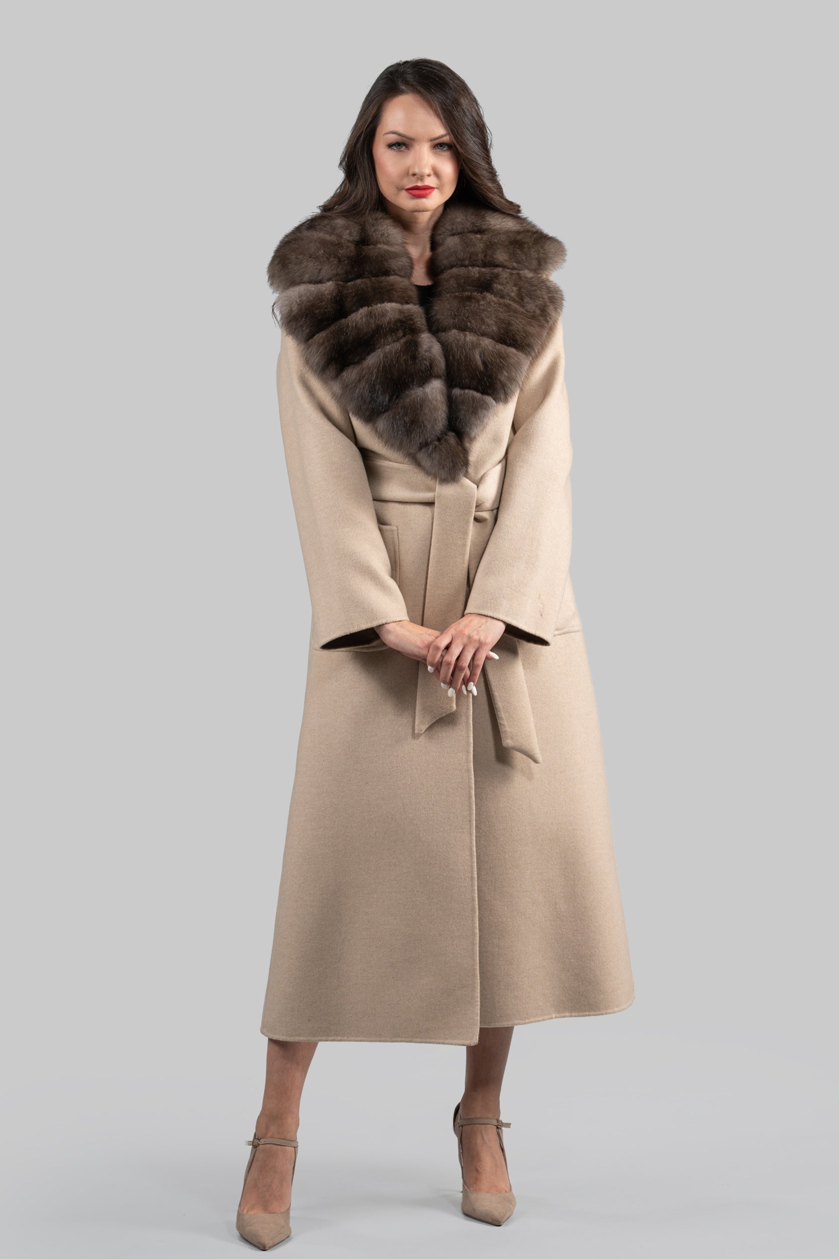 Ecru Cashmere Coat with Russian Sable Notch Collar 22CA235