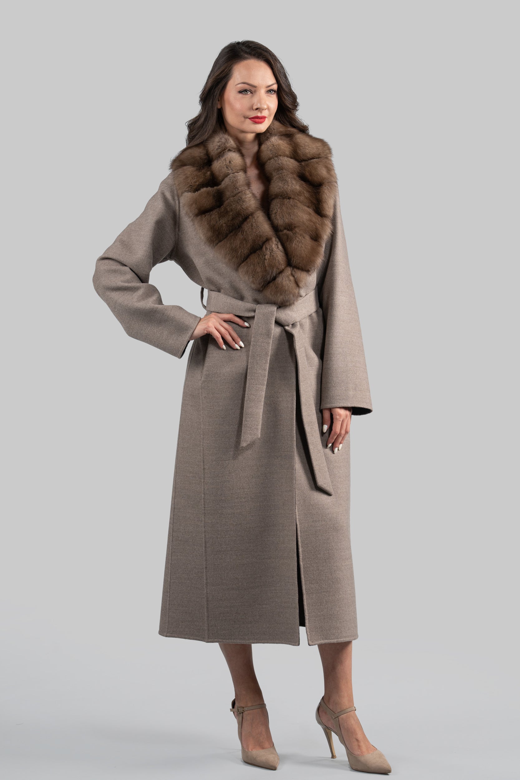 Brown Gray Cashmere Coat with Russian Sable Shawl Collar 20C8070