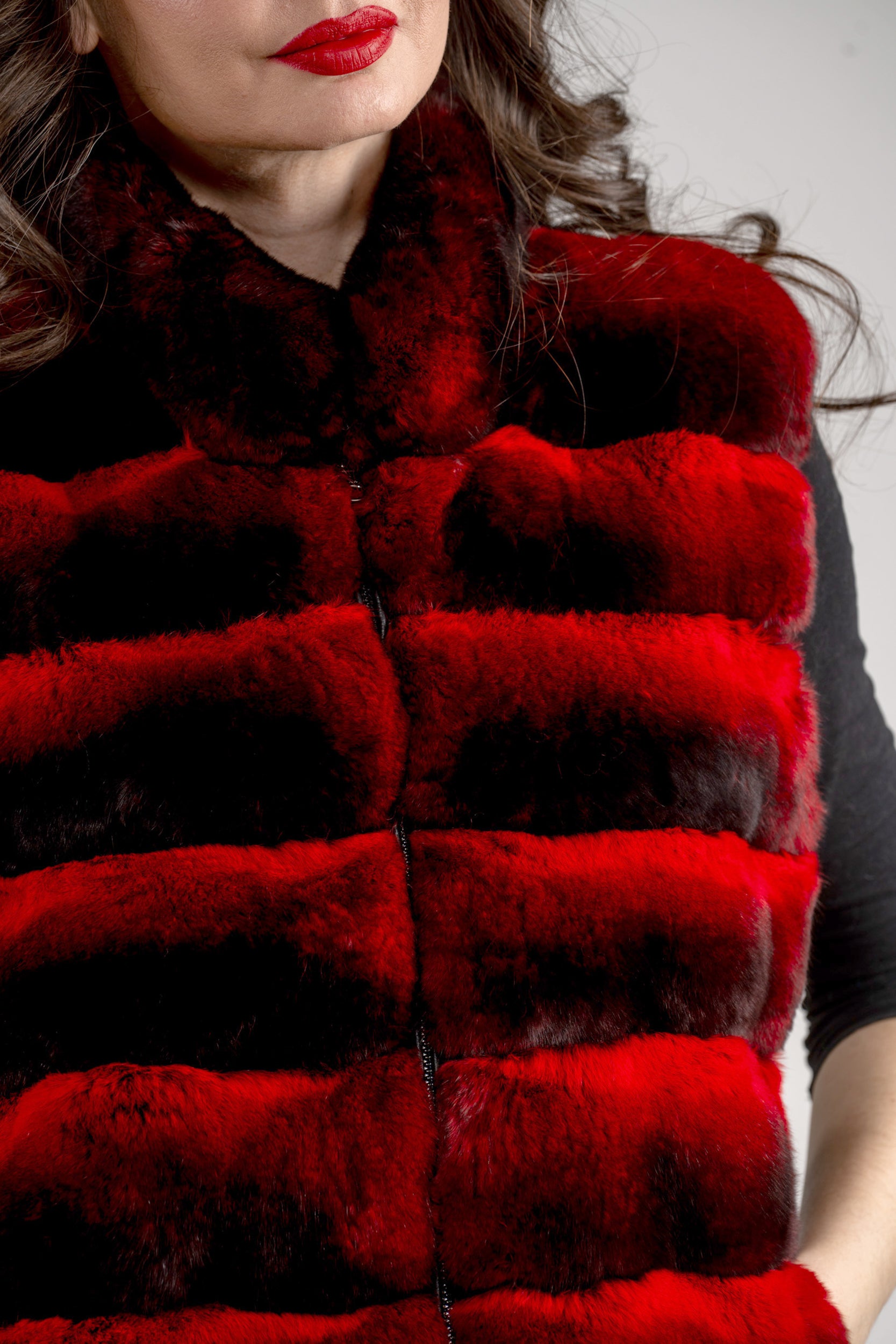 Red Chinchilla Vest with Stand Collar and Mink Trim P/K2201
