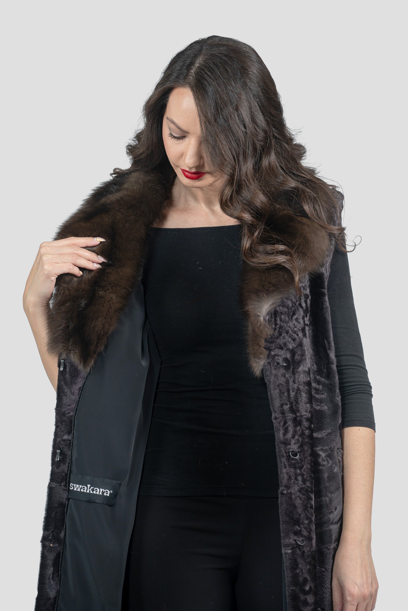 Gray Moon Swakara Vest with Russian Sable Notch Collar S/S13c519s20