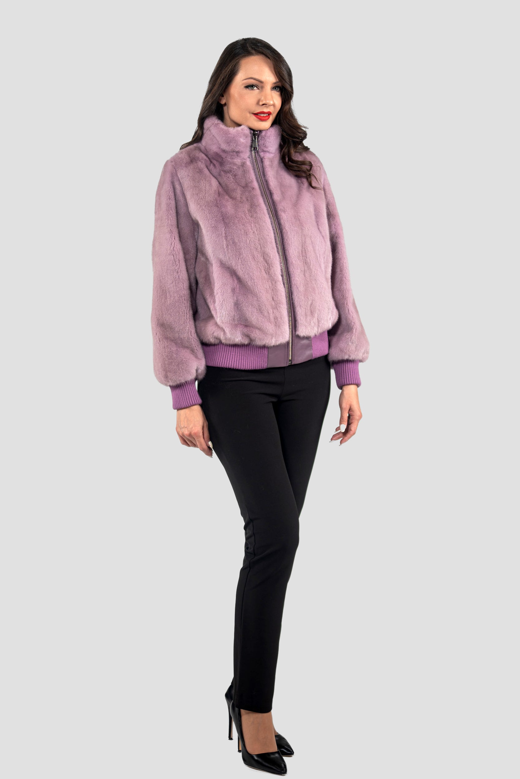 Dark Violet Mink Bomber Jacket with Stand Collar L/O13C224