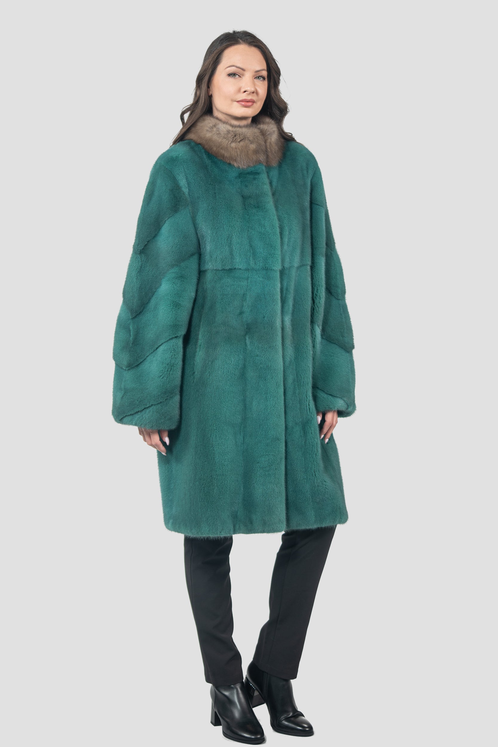 Green Mink Half Coat with Russian Sable-Trimmed Stand Collar CLER