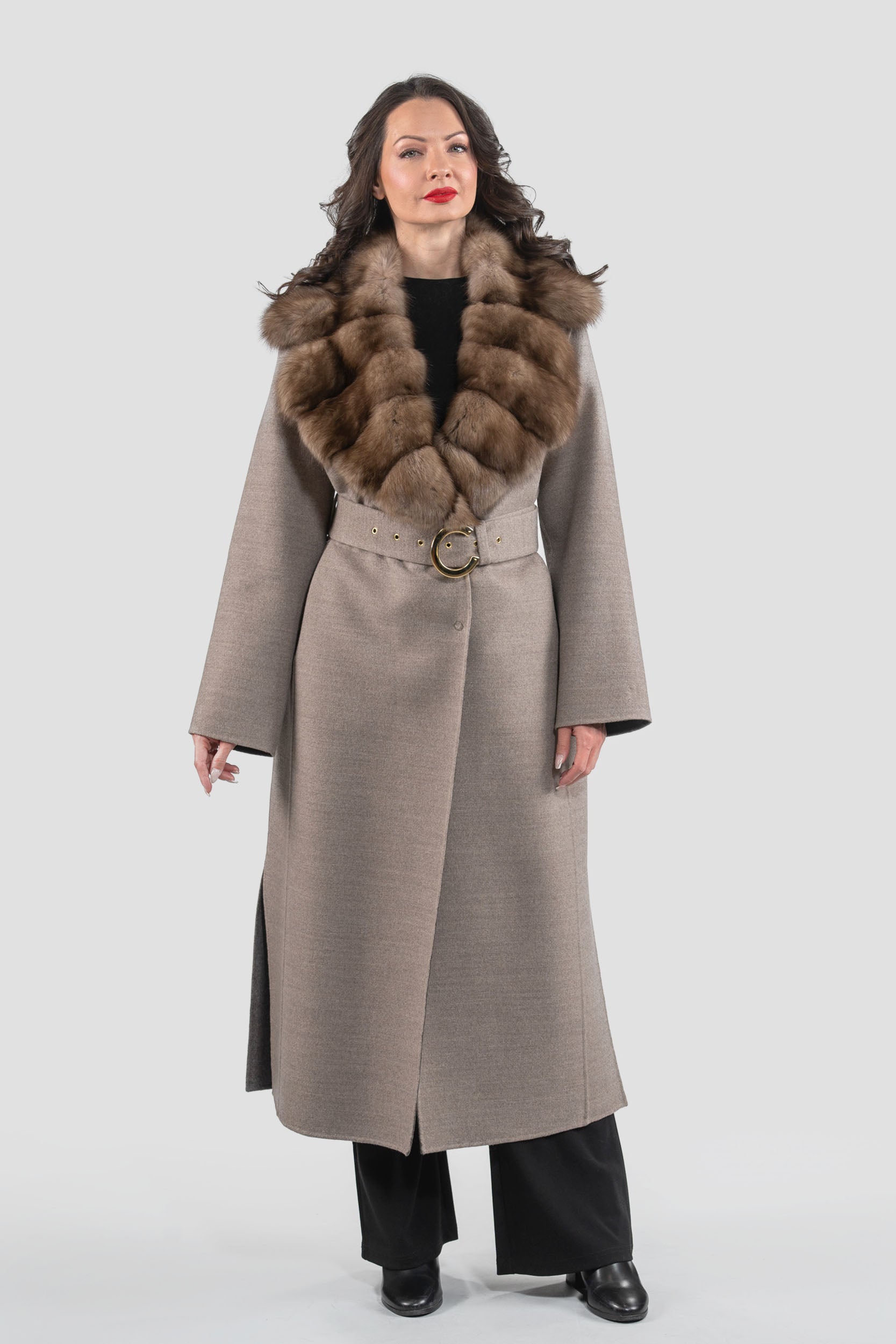 Grey Brown Cashmere Coat with Russian Sable Notch Collar 20C8060S20