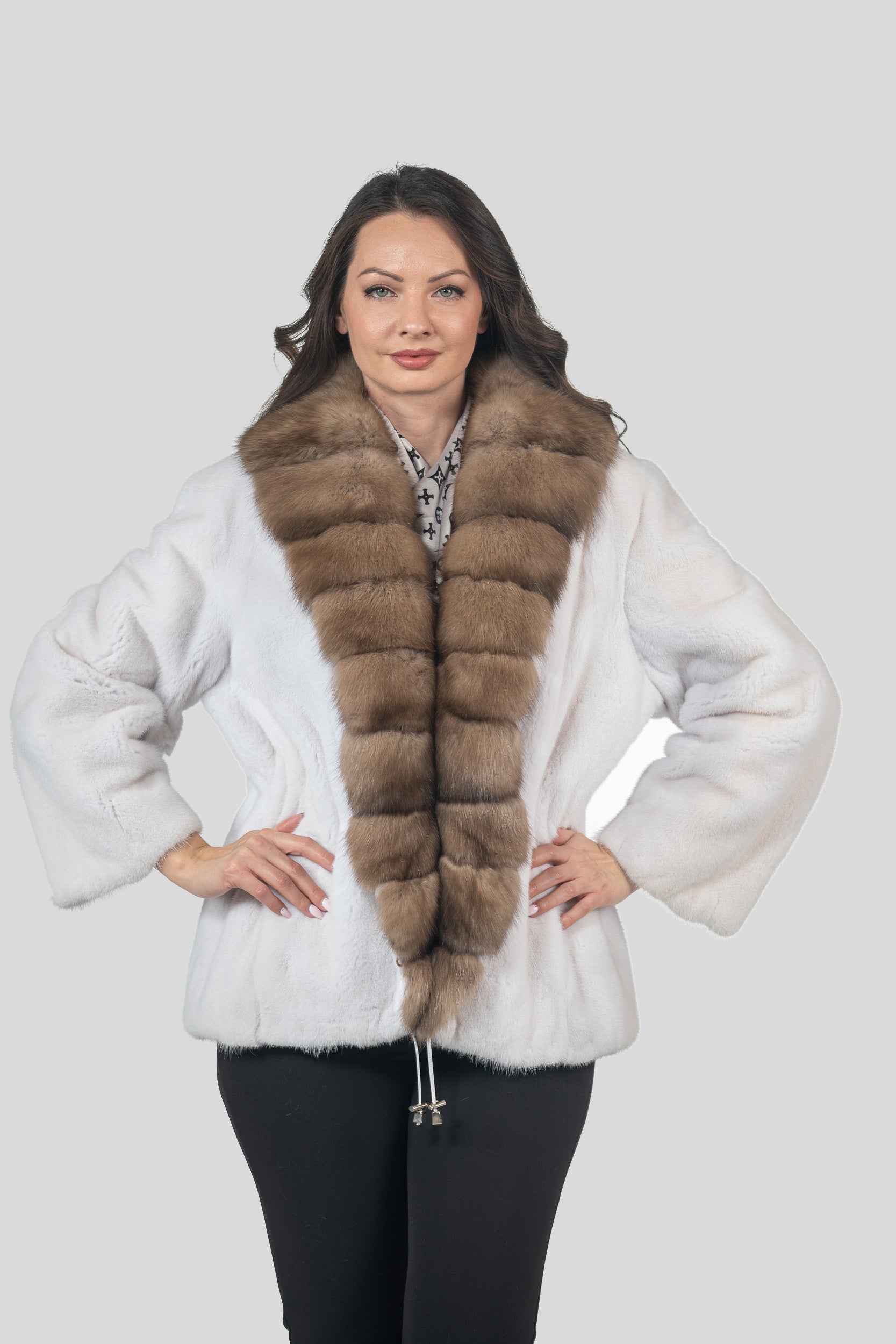 White Mink Jacket with Russian Sable Trim L/O19C123