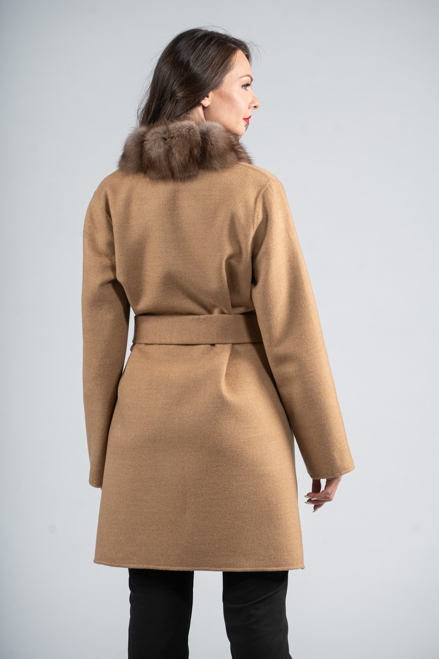 Beige Ecru Cashmere Coat with Russian Sable Trim 21C6080