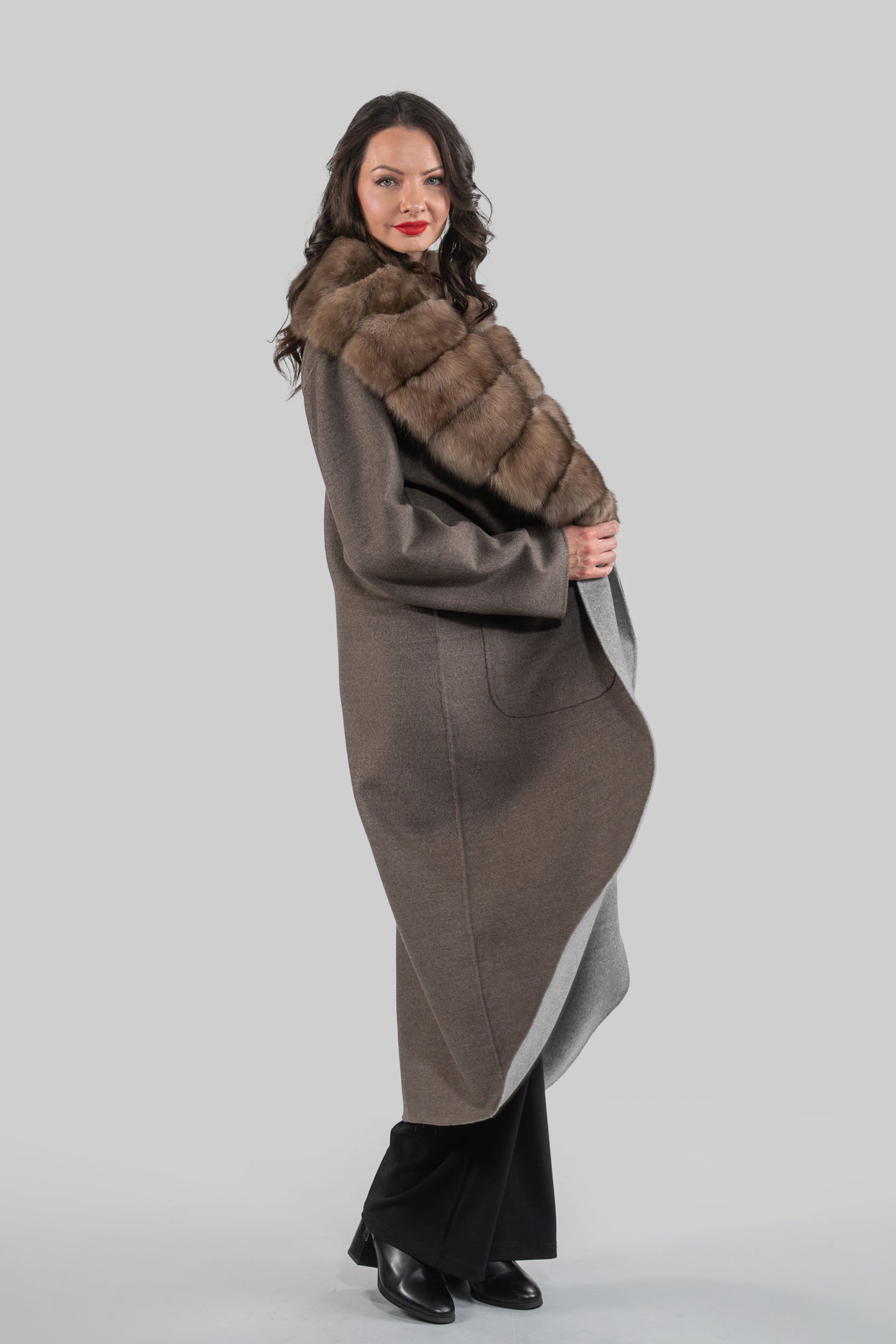 Brown Grey Cashmere Coat with Russian Sable Notch Collar 20C8060S20o