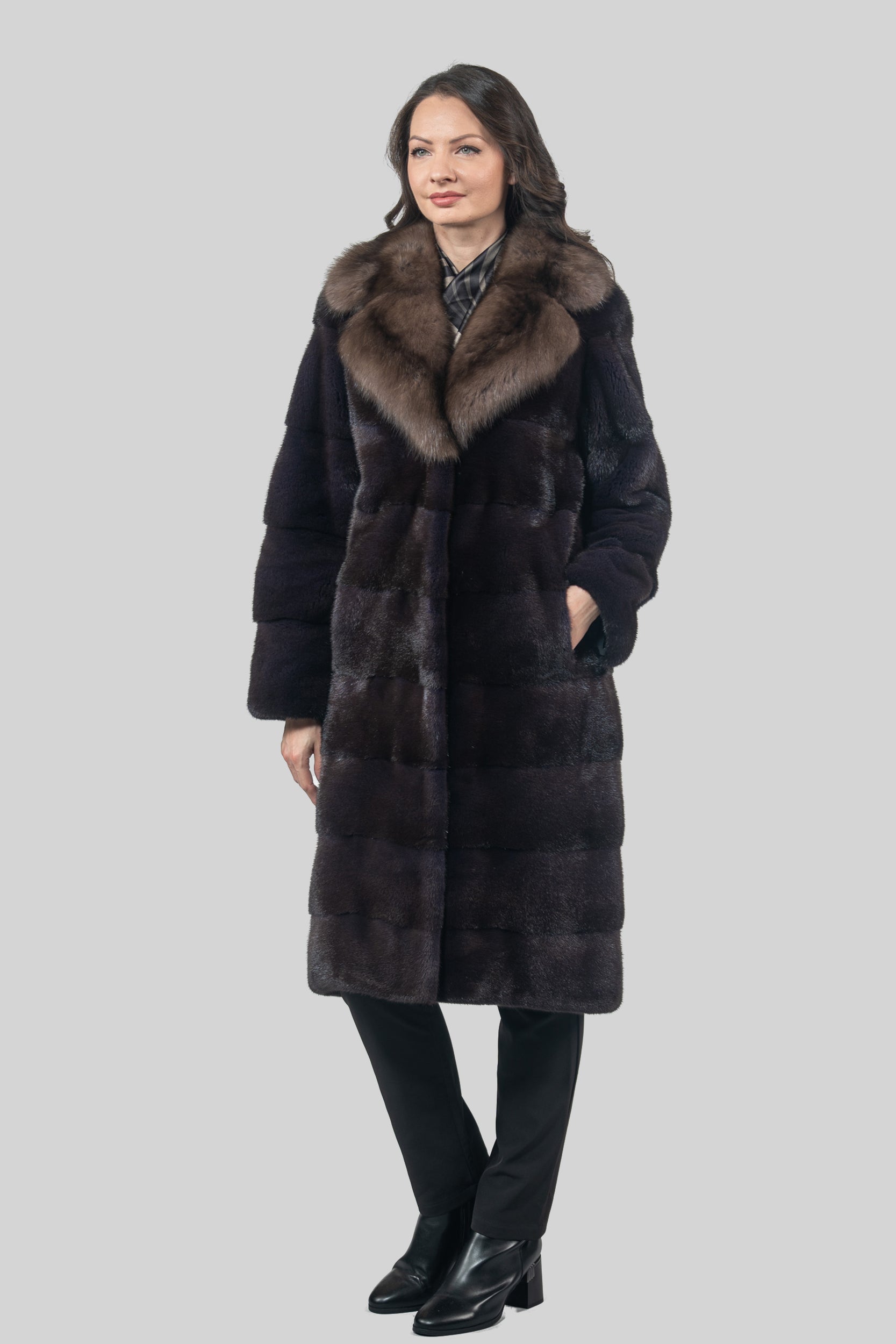 Aubergine Mink Half Coat with Russian Sable Notch Collar P/K13c530s20