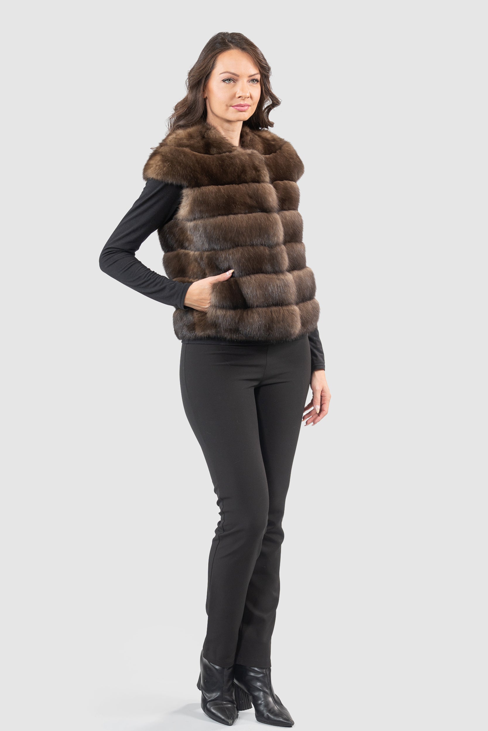 Silver Blue Mink Coat with Russian Sable Trimmed Notch Collar A/K13C848GS20