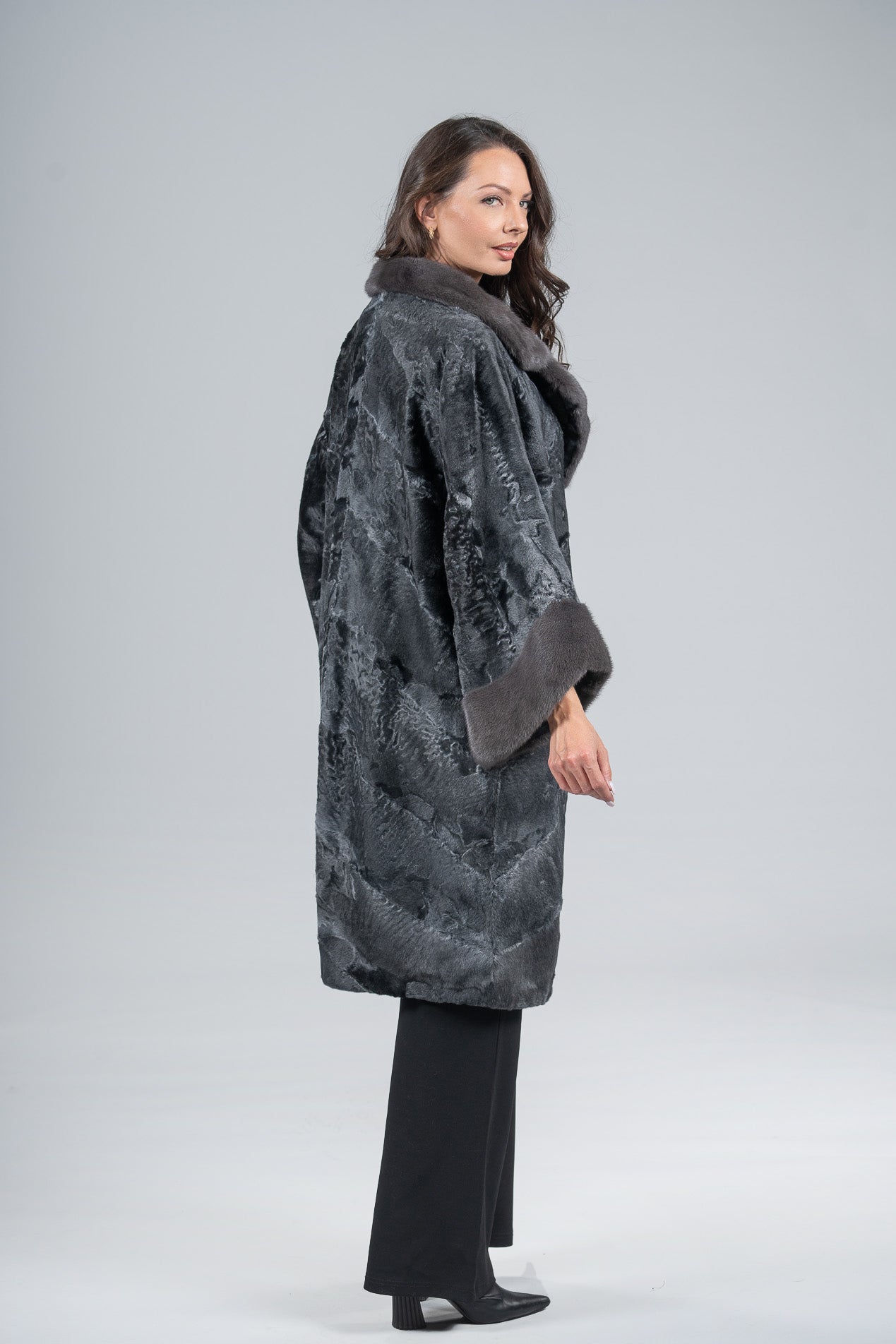 Acciaio Swakara Oversized Half Coat with Titanium Mink Trim A/K13C848gs20v30