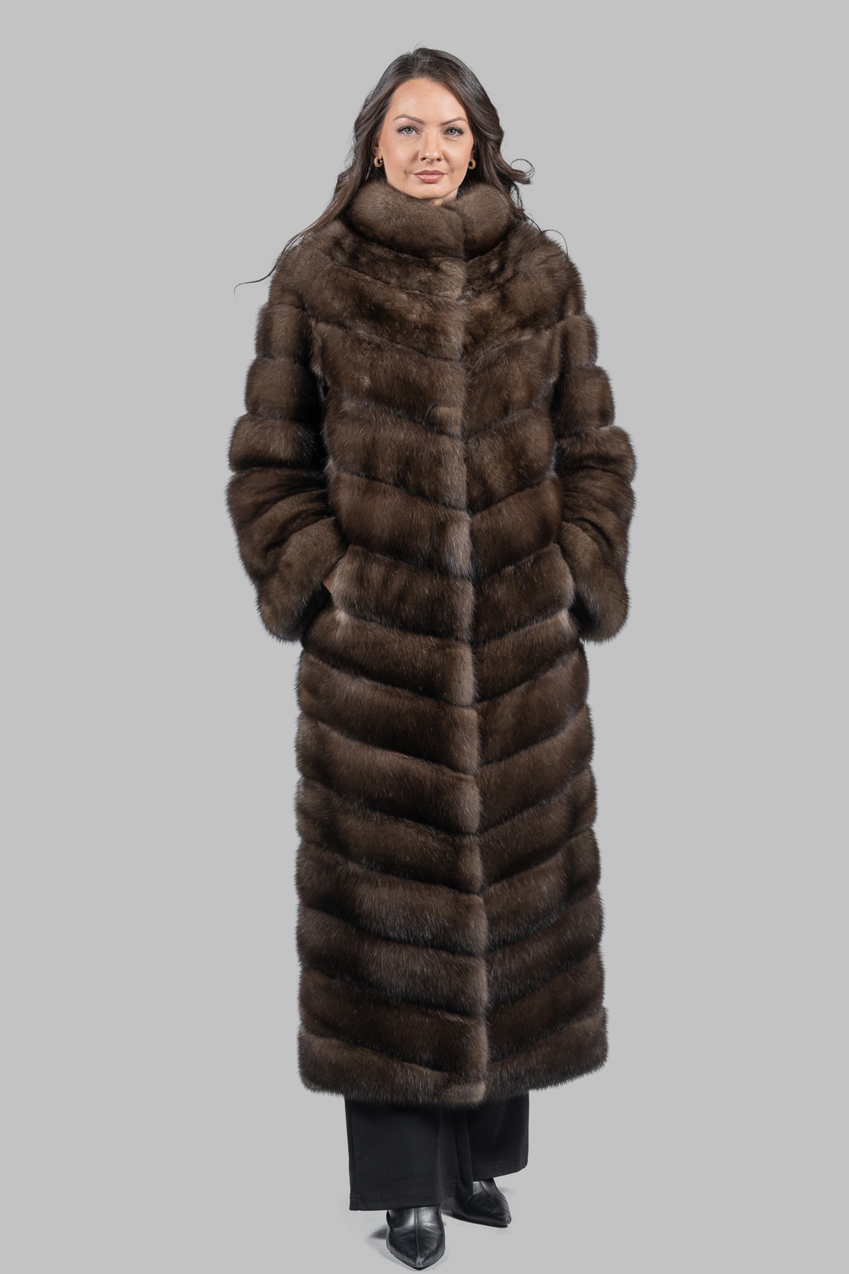 Graphite Sable Long Coat with Stand Collar V/K13C530