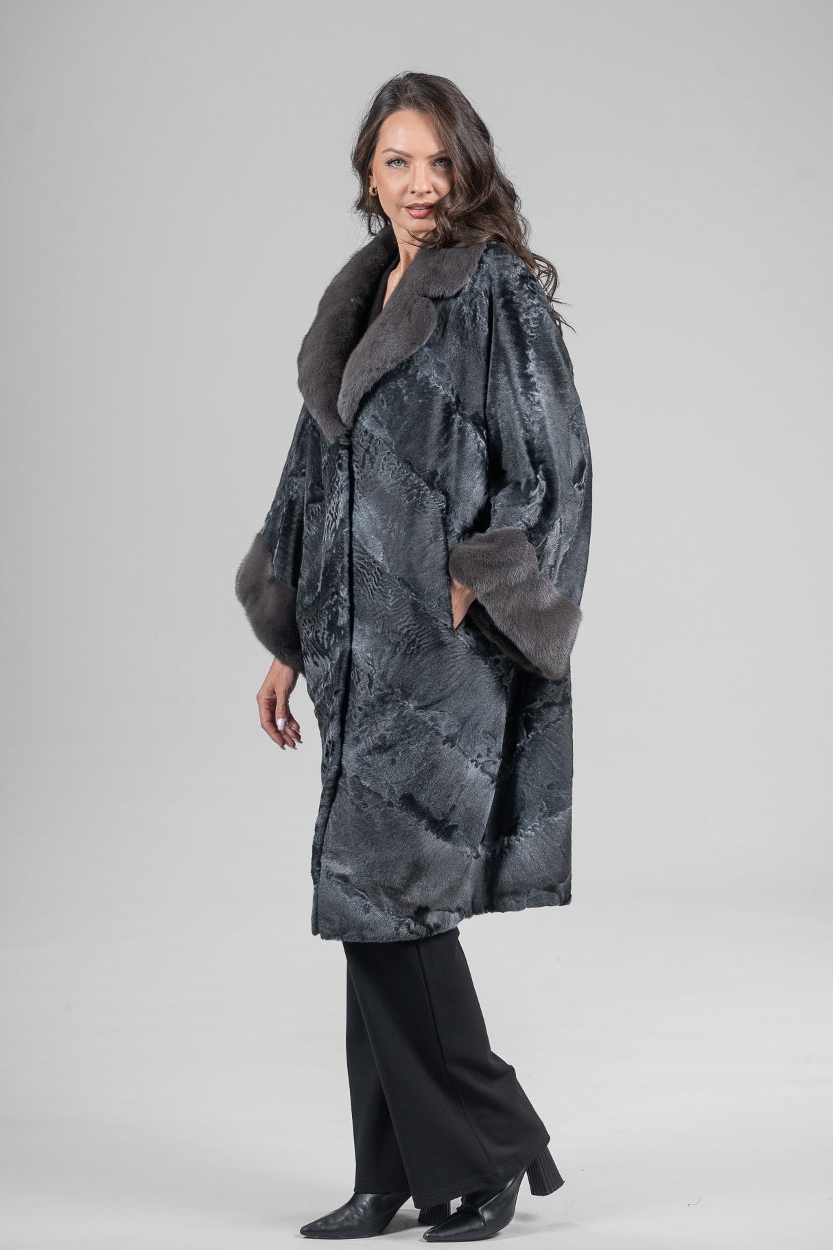 Acciaio Swakara Oversized Half Coat with Titanium Mink Trim A/K13C848gs20v30