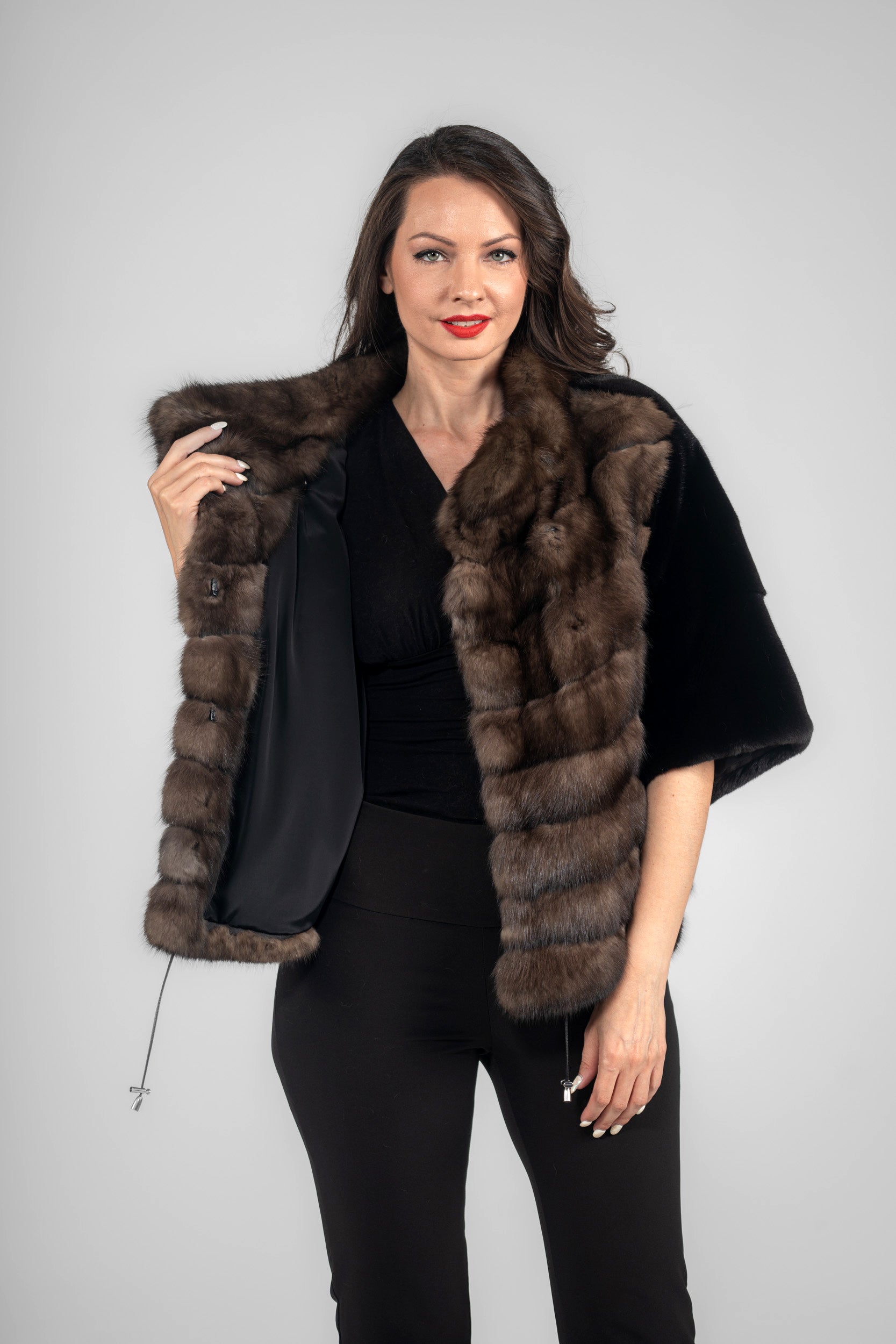 Short Sleeve Blackglama Mink Jacket with Stand Collar and Russian Sable Trim L/O16C728