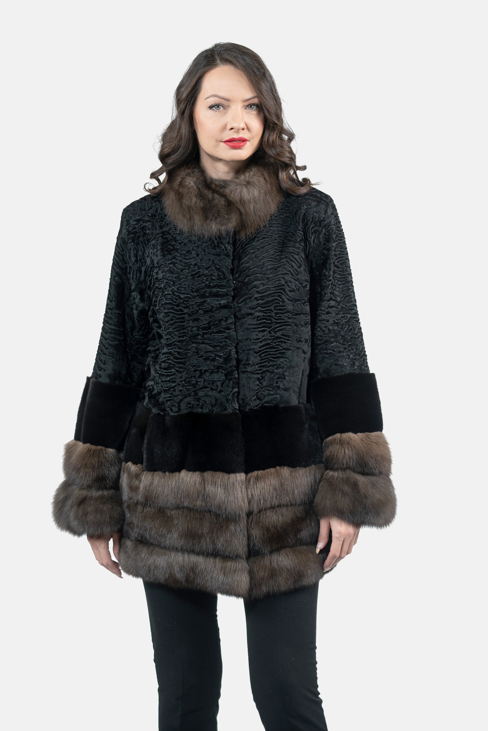 Black Swakara Half Coat with Mink and Russian Sable Trim S/SR/K16C777