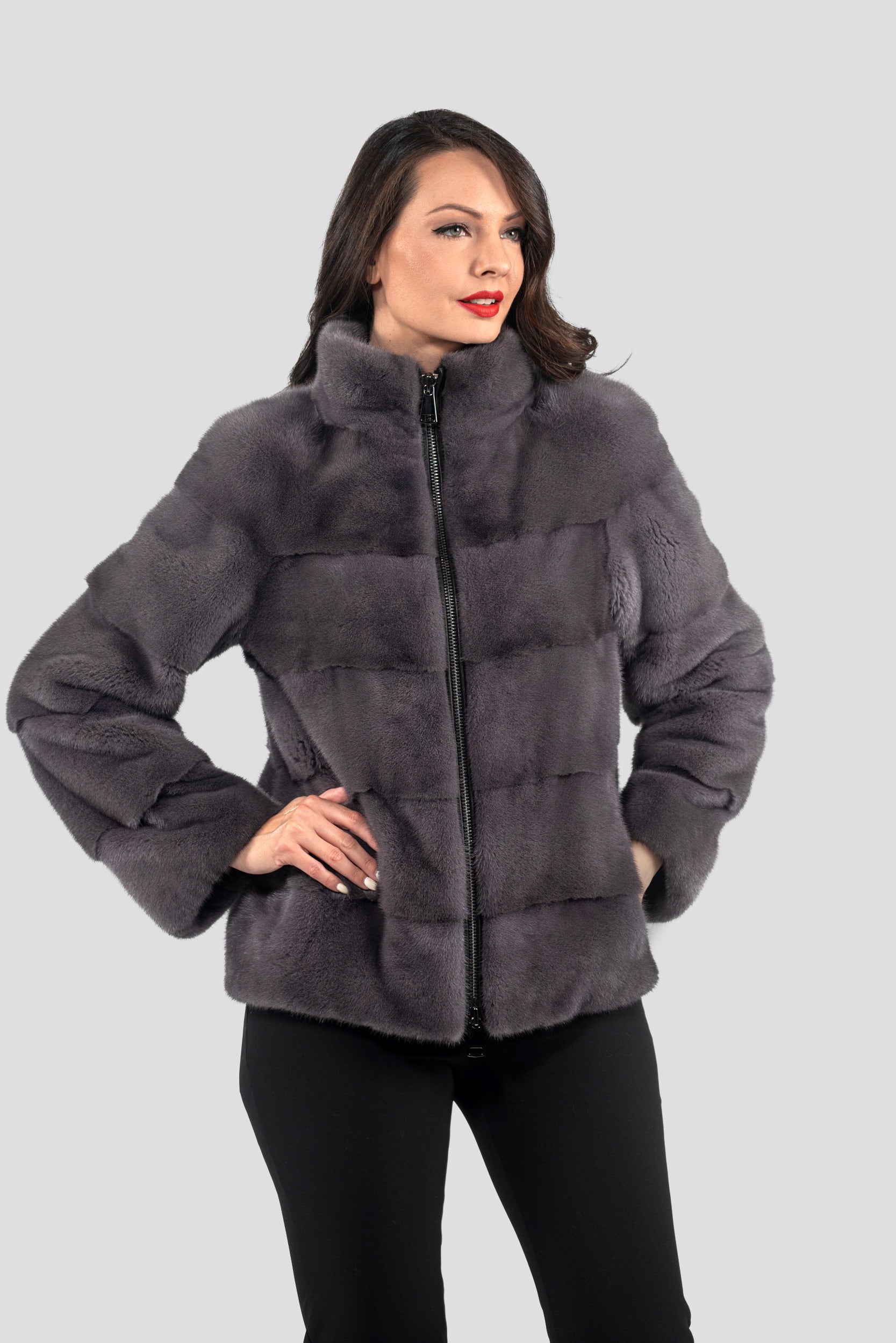Grey Moon Mink Jacket with Stand Collar and Zipper P/K13C224