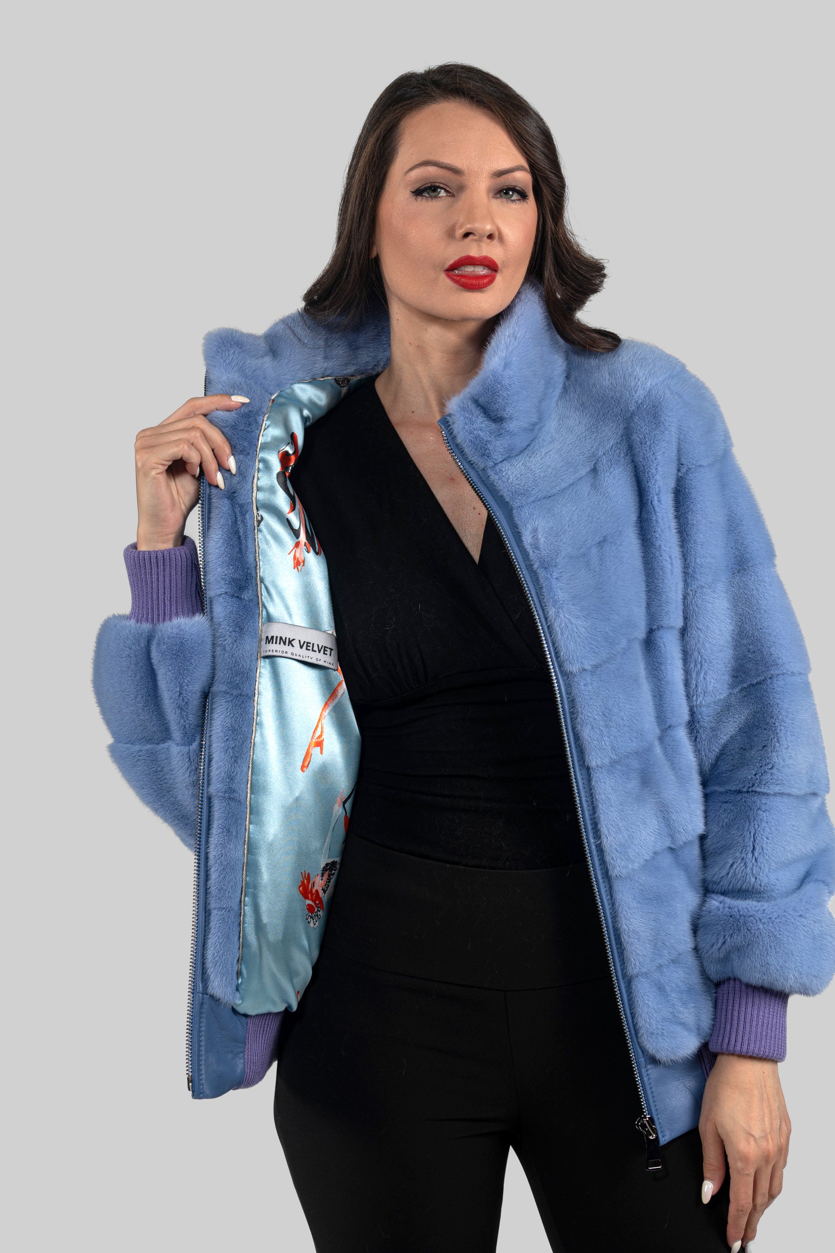 Aqua Marine Mink Bomber Jacket with Stand Collar P/K13C224