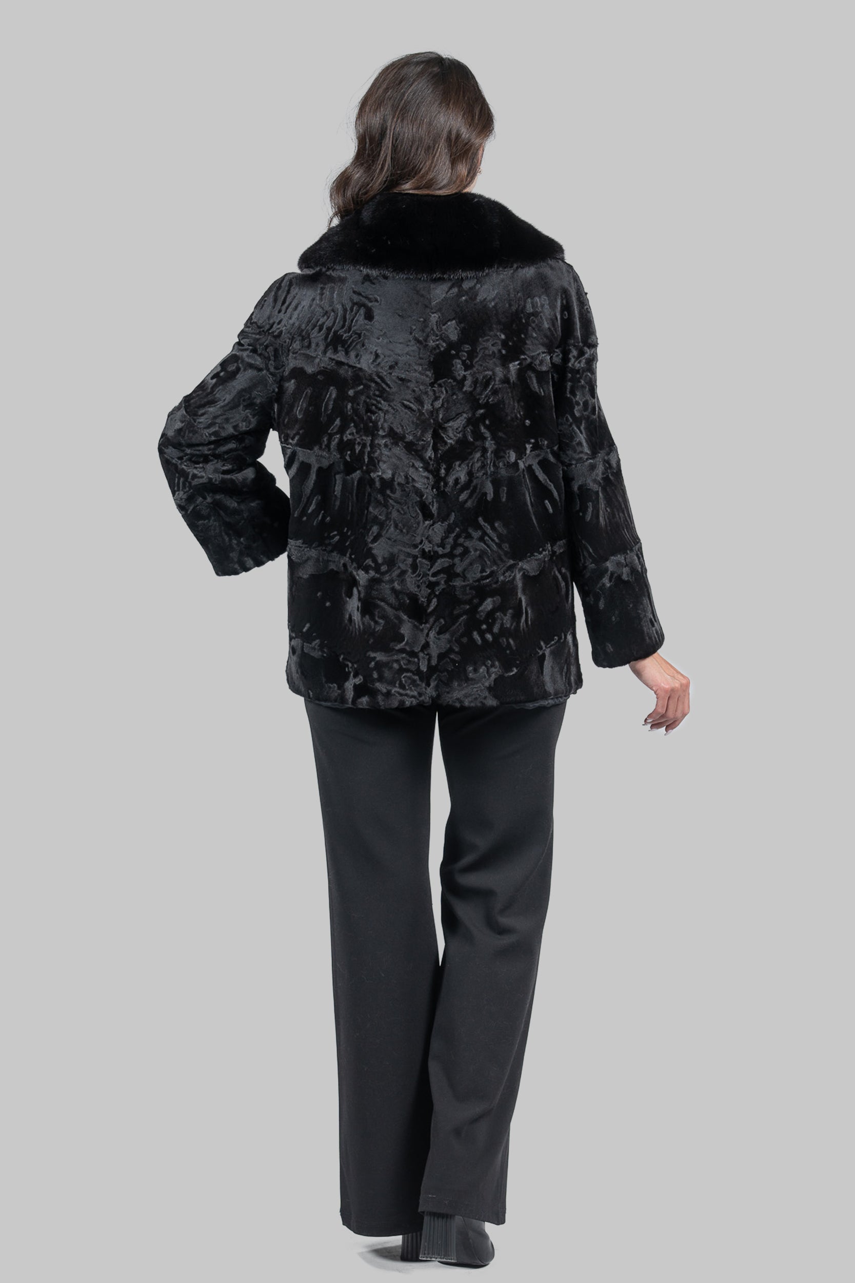 Black Swakara with Extended Mink Shawl Collar Fur Jacket V/K19C123