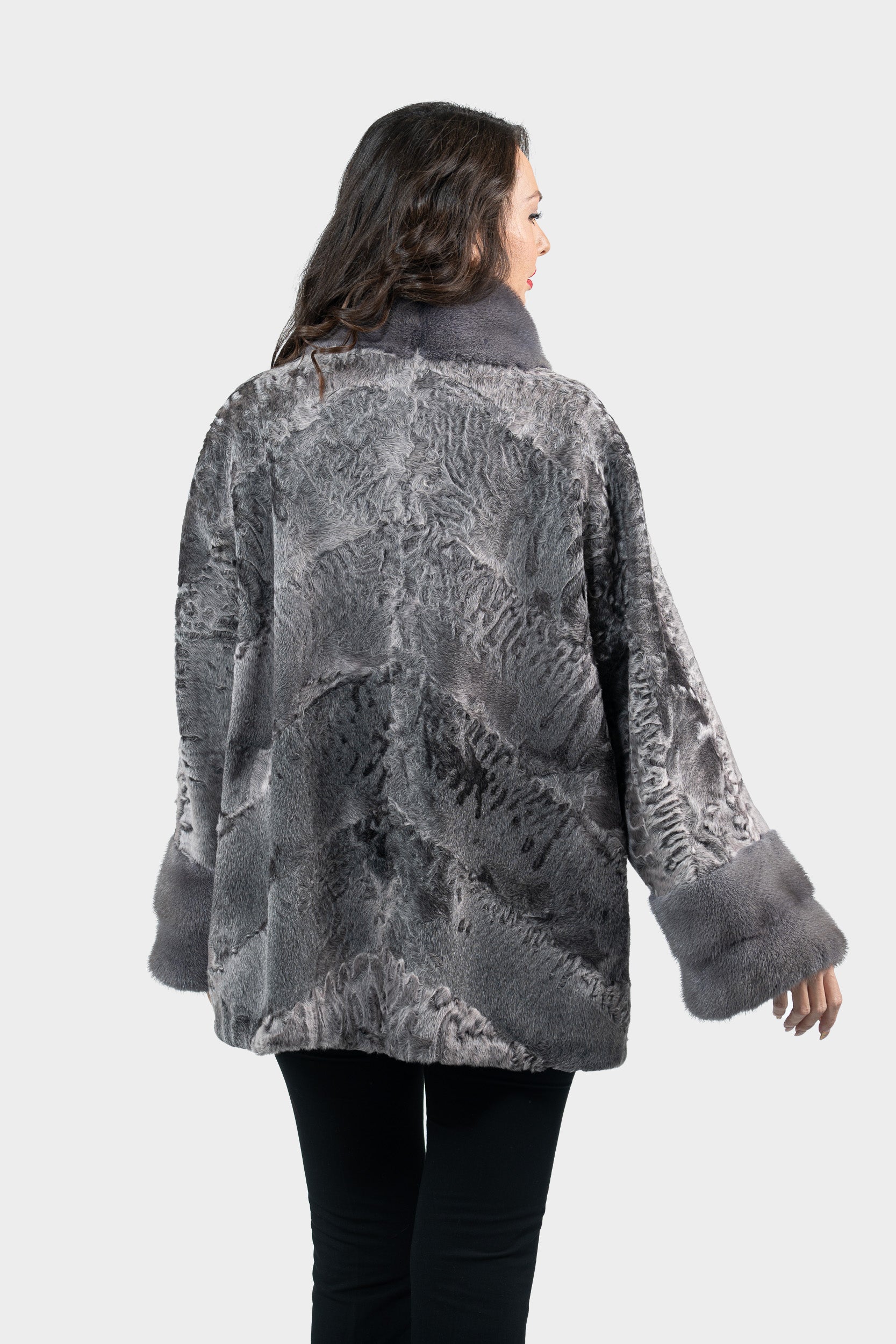 Grey Moon Swakara Half Coat with Mink Trim A/K13C848