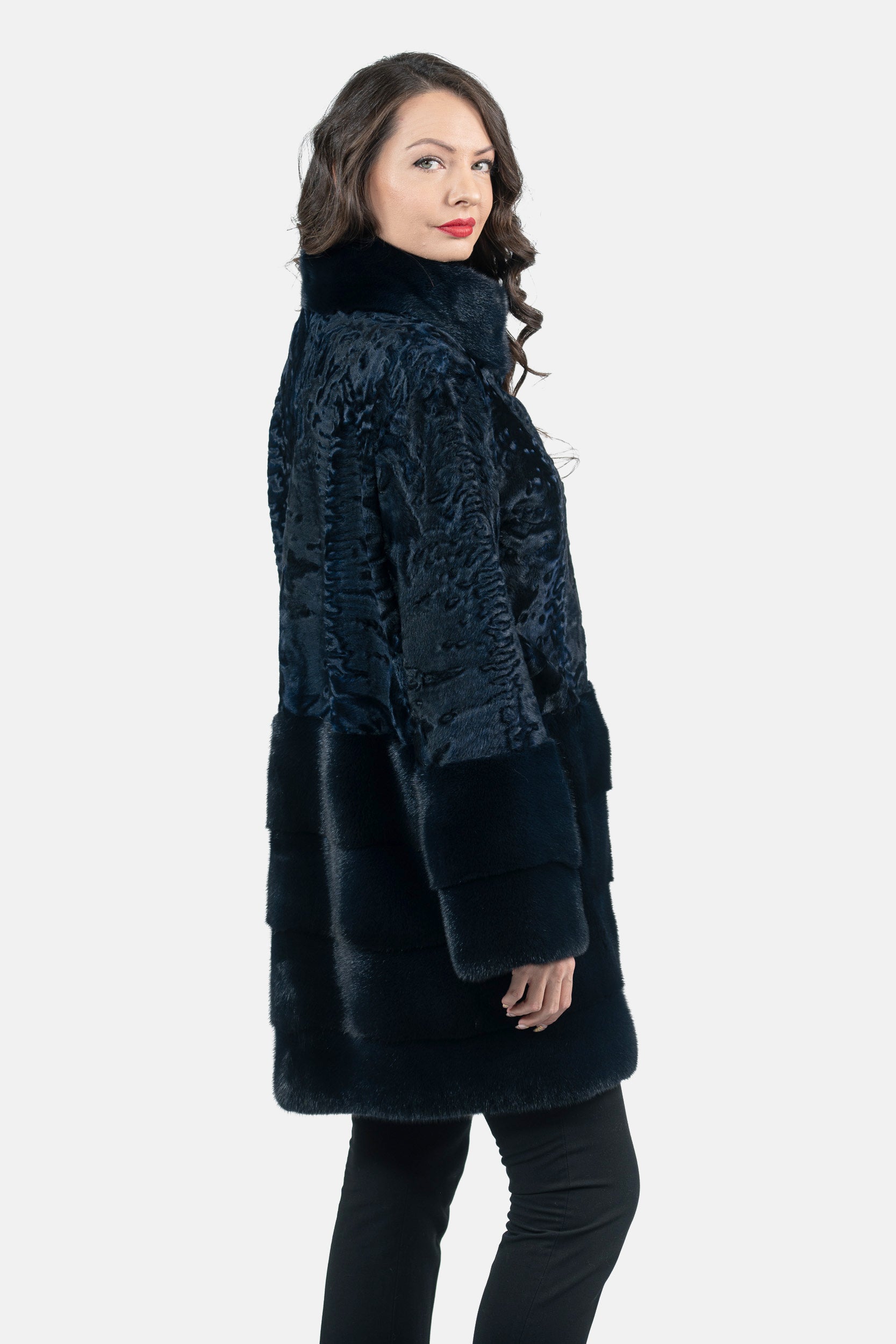 Blue Black Swakara Half Coat with Mink Trim S/SR/K16C733