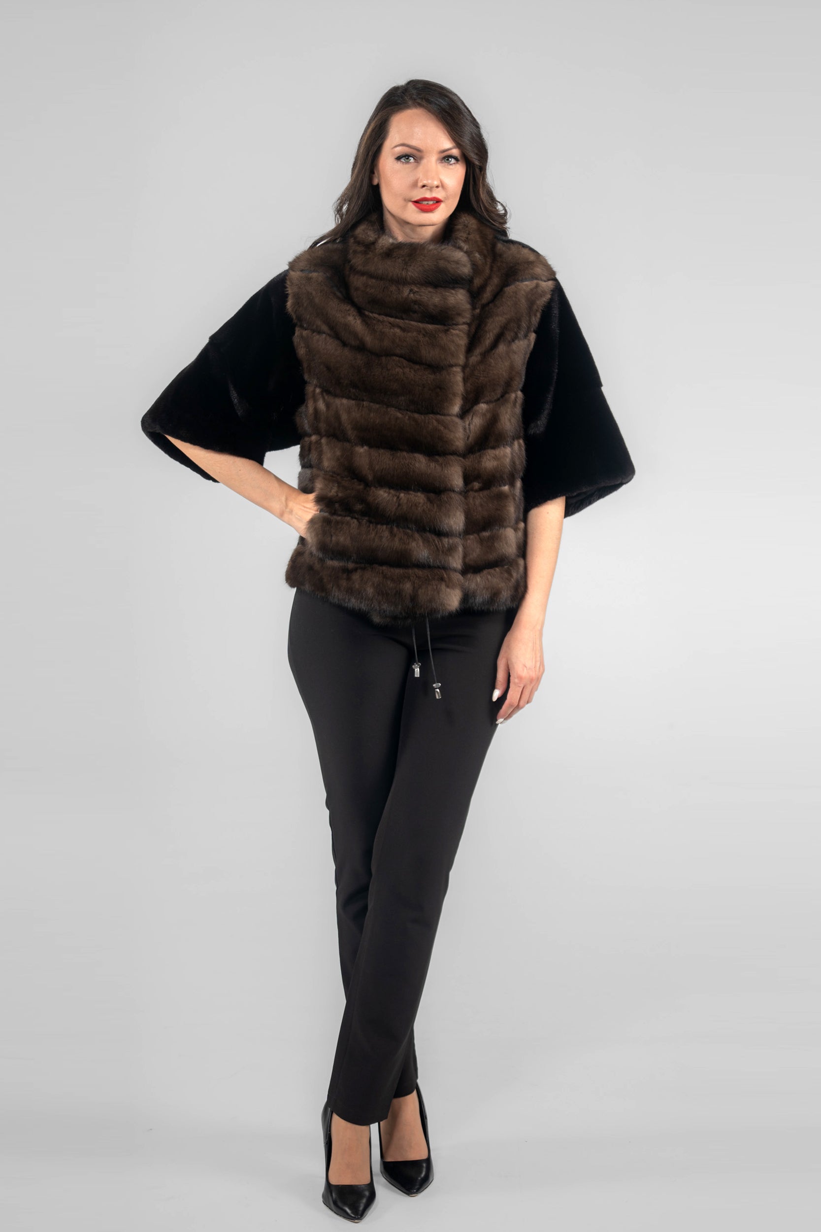 Short Sleeve Blackglama Mink Jacket with Stand Collar and Russian Sable Trim L/O16C728