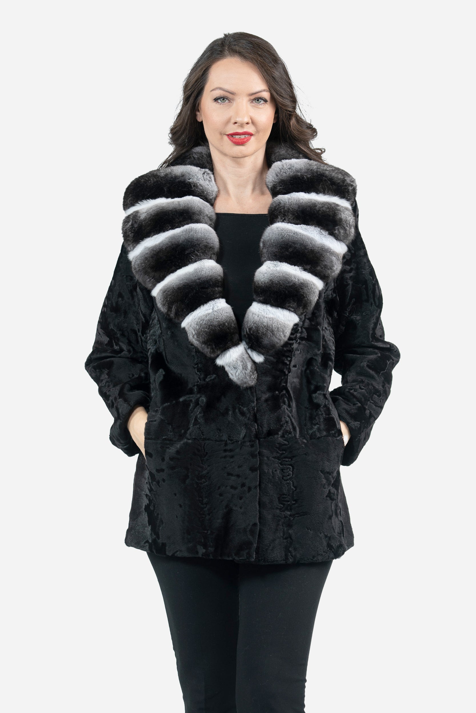 Black Swakara Jacket with Chinchilla Notch Collar S/S21C842