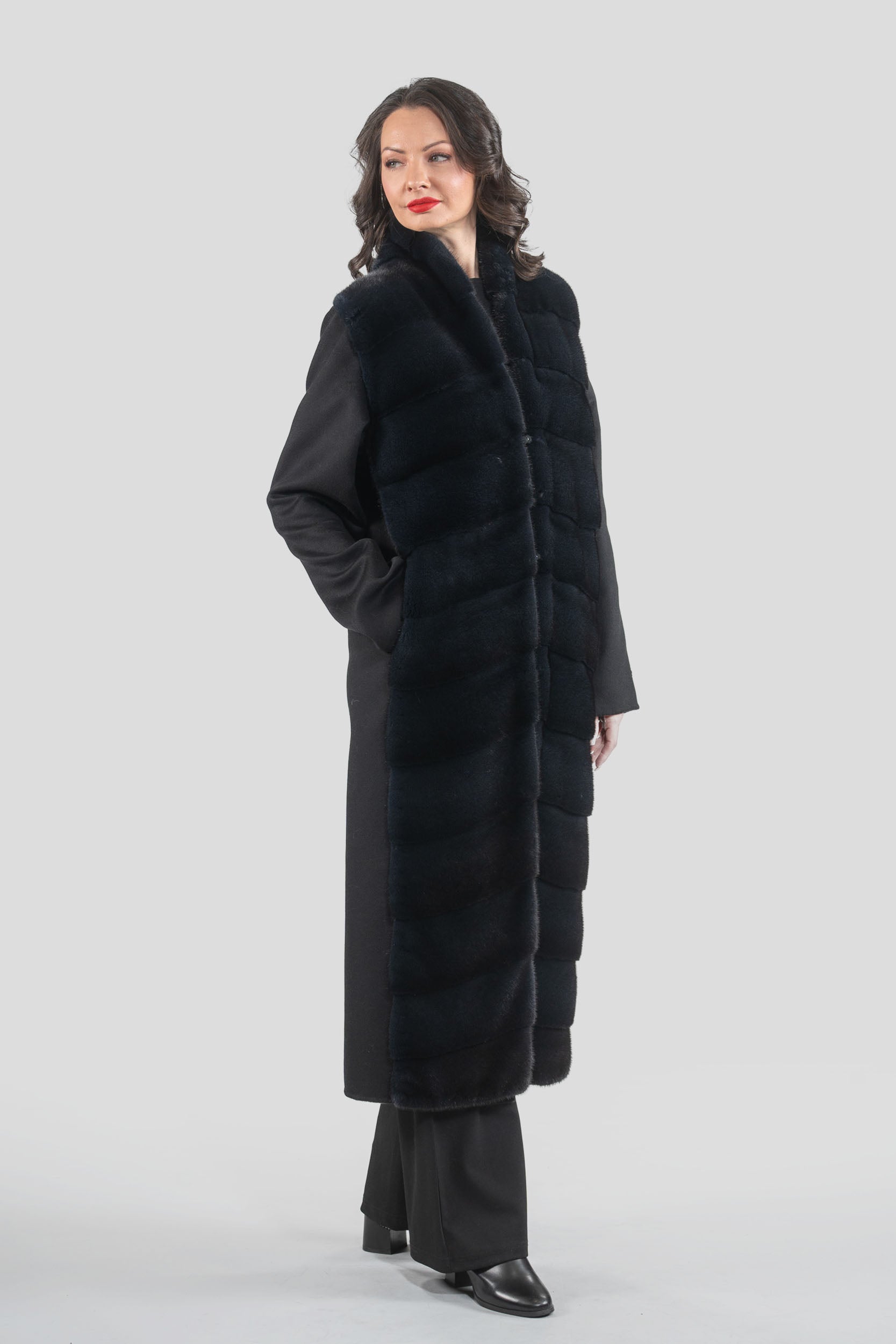Black Cashmere Coat with Mink Trim 17c8003