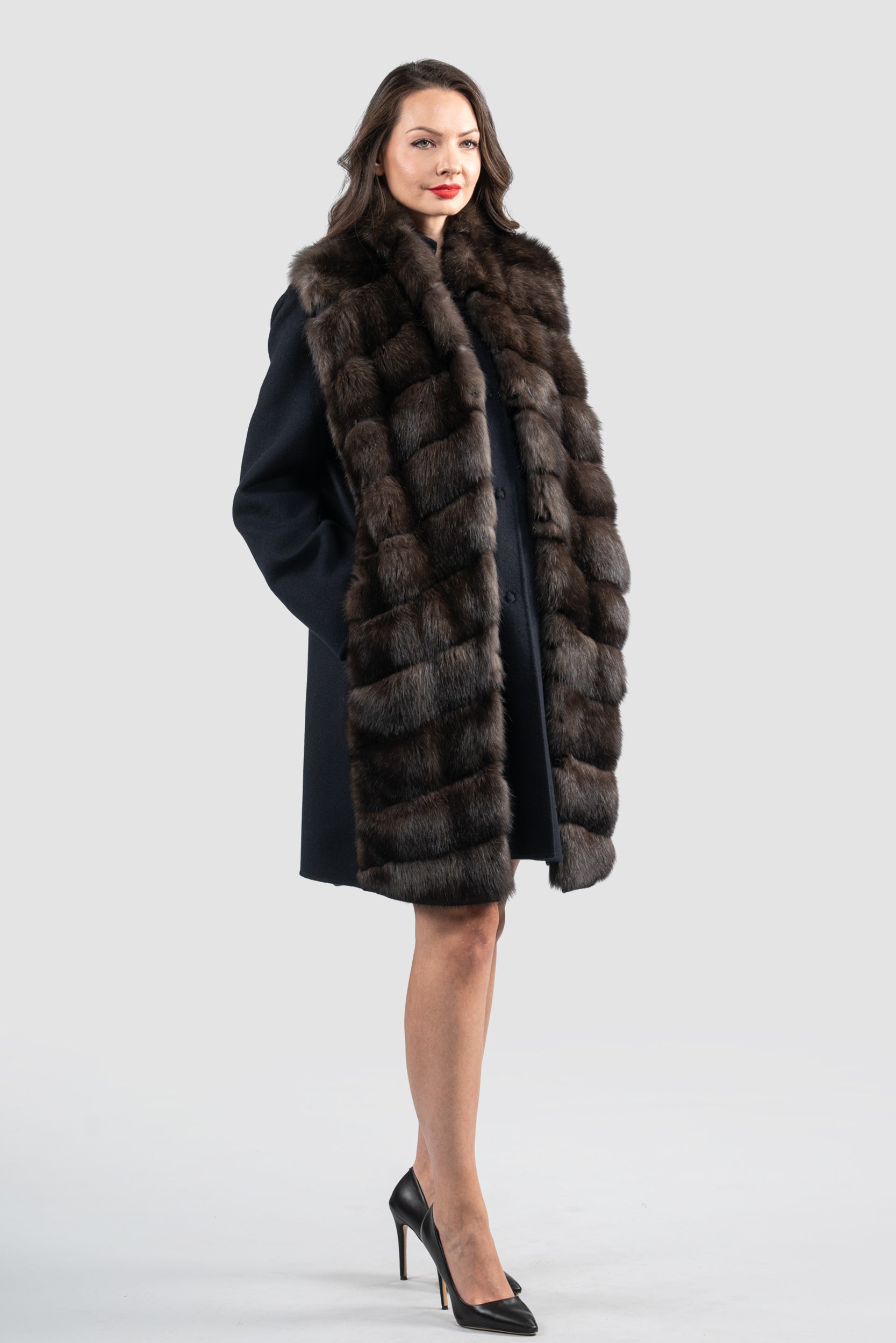 Blue Black Cashmere Half Coat & Vest with Russian Sable Trim 17C8003