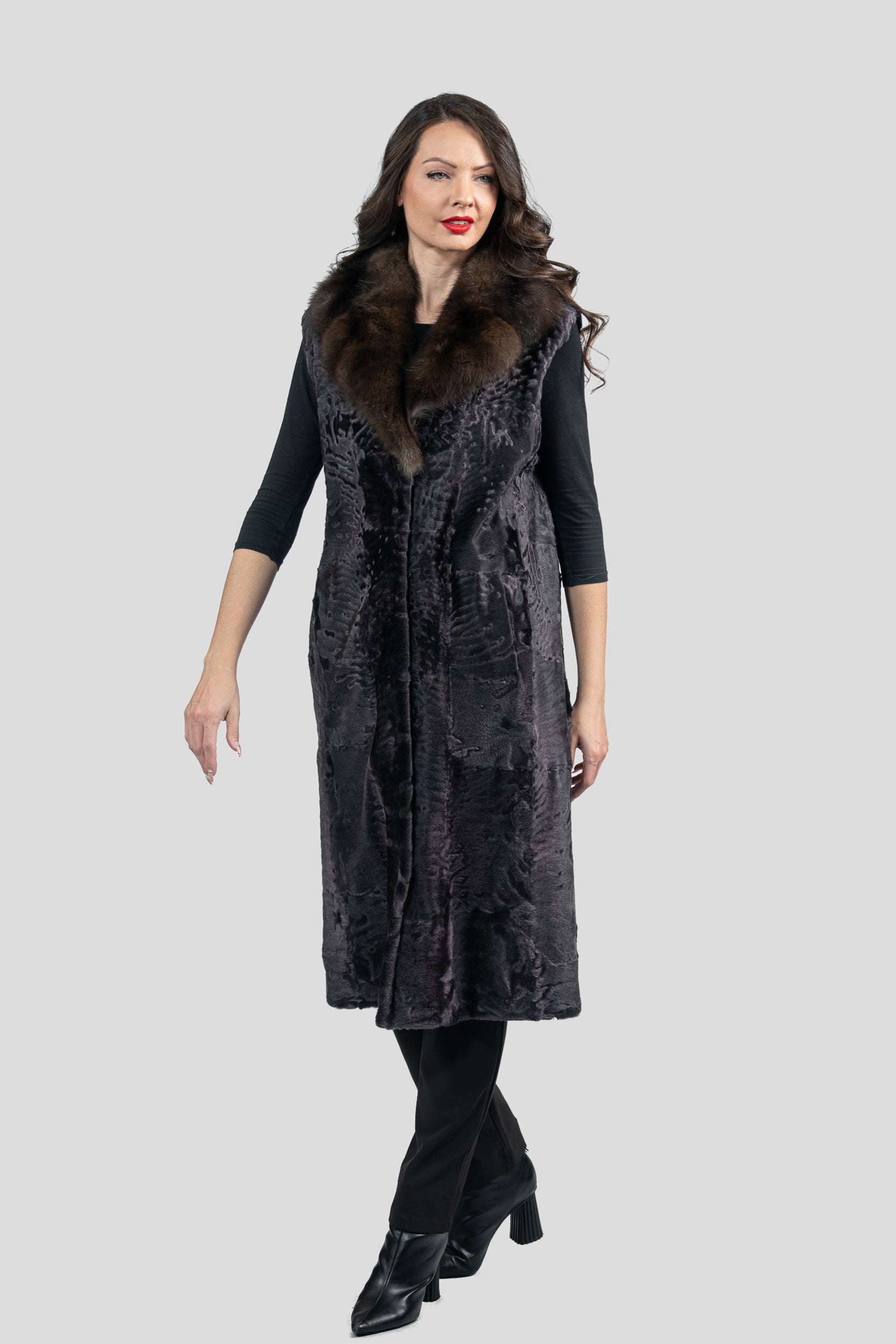 Gray Moon Swakara Vest with Russian Sable Notch Collar S/S13c519s20
