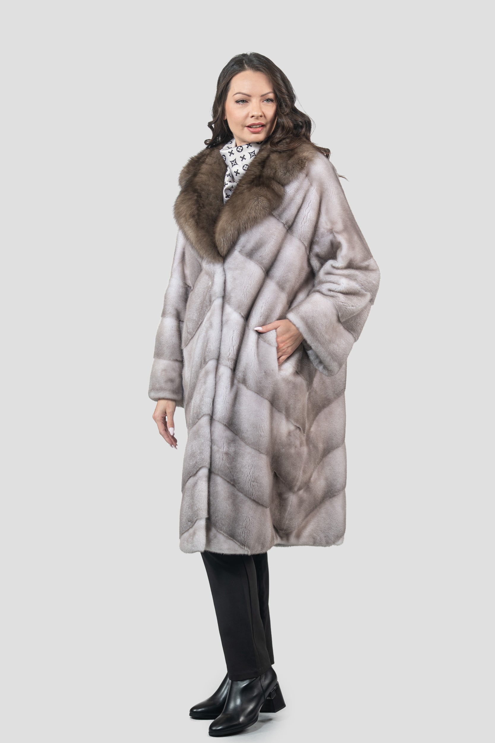 Silver Blue Mink Coat with Russian Sable Trimmed Notch Collar A/K13C848GS20