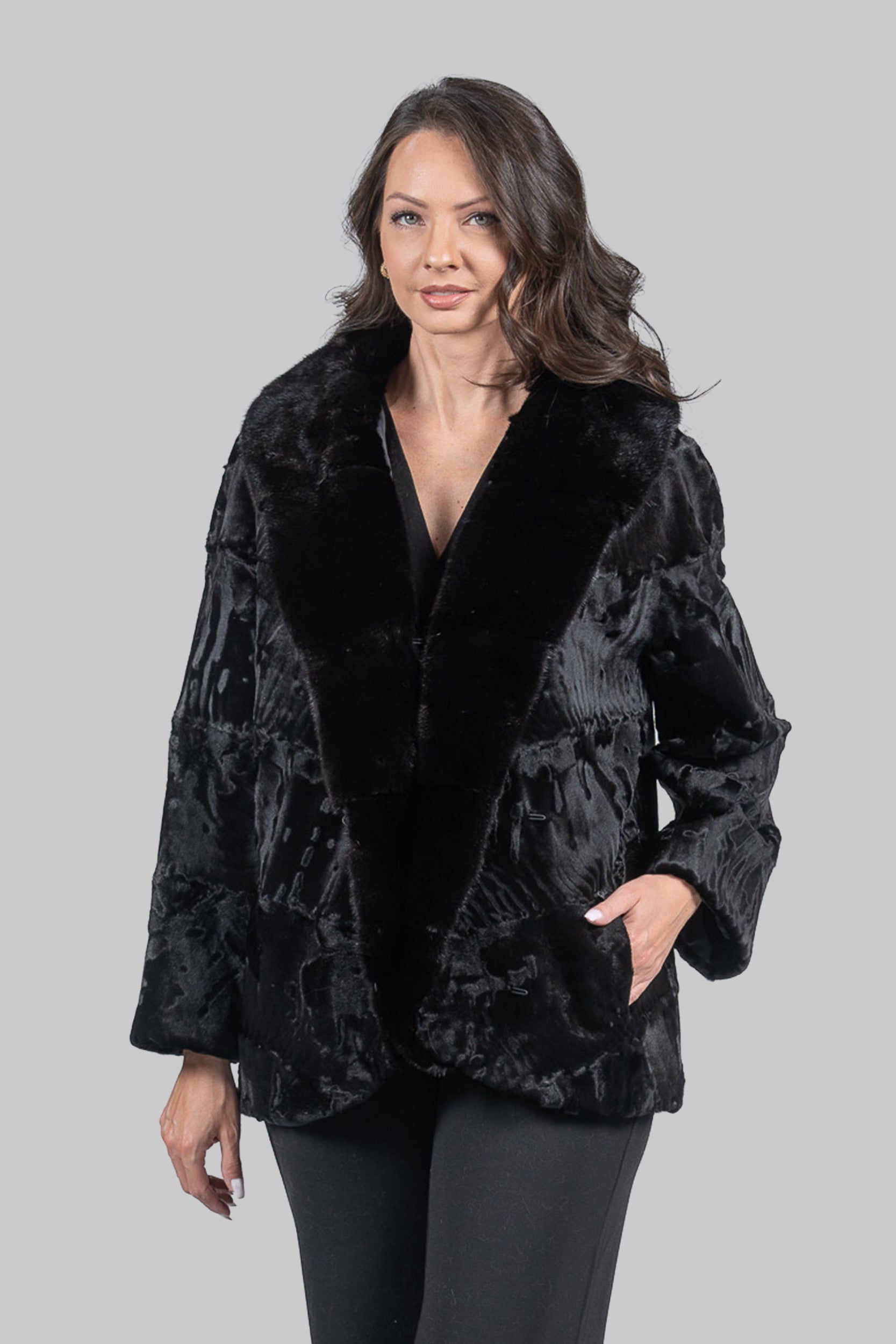 Black Swakara with Extended Mink Shawl Collar Fur Jacket V/K19C123