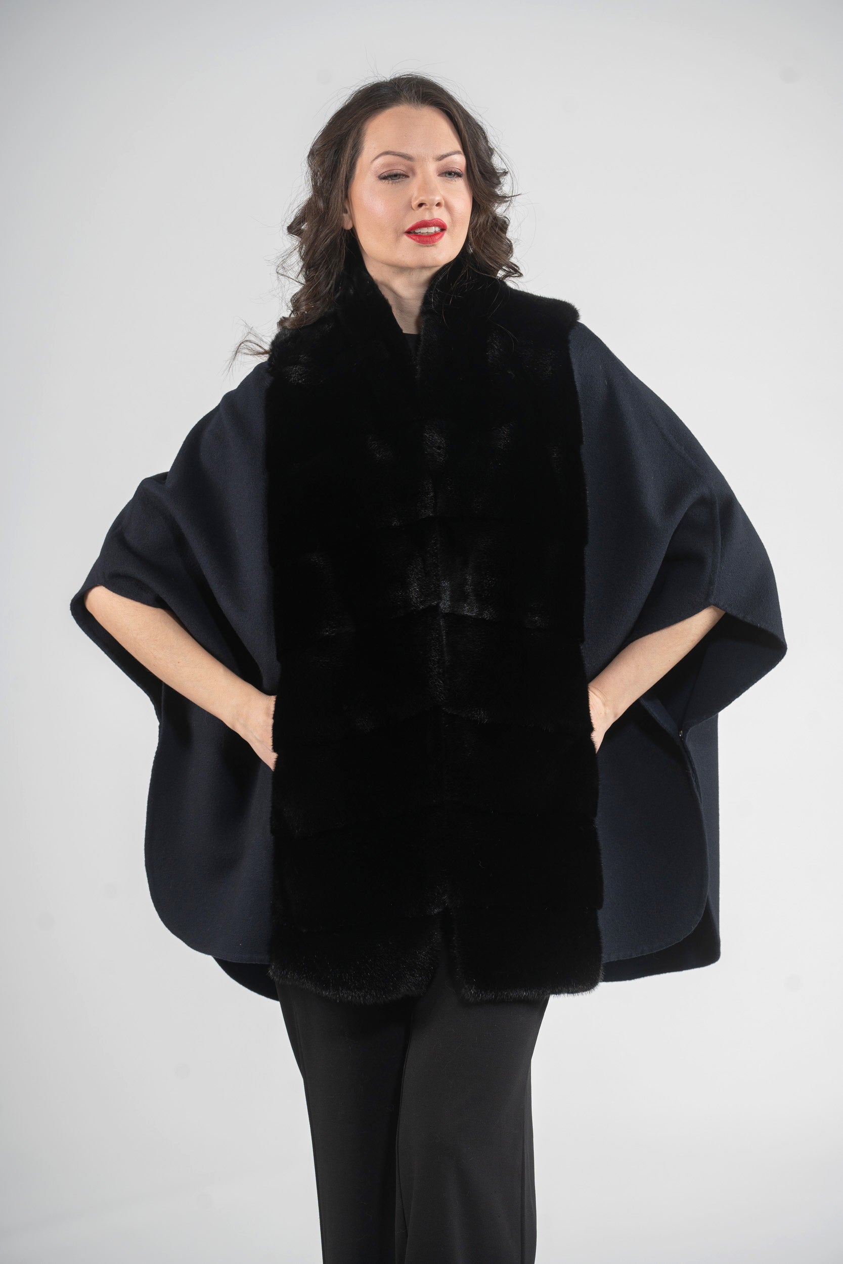 Blue Black Cashmere Cape with Mink Trim 18M950