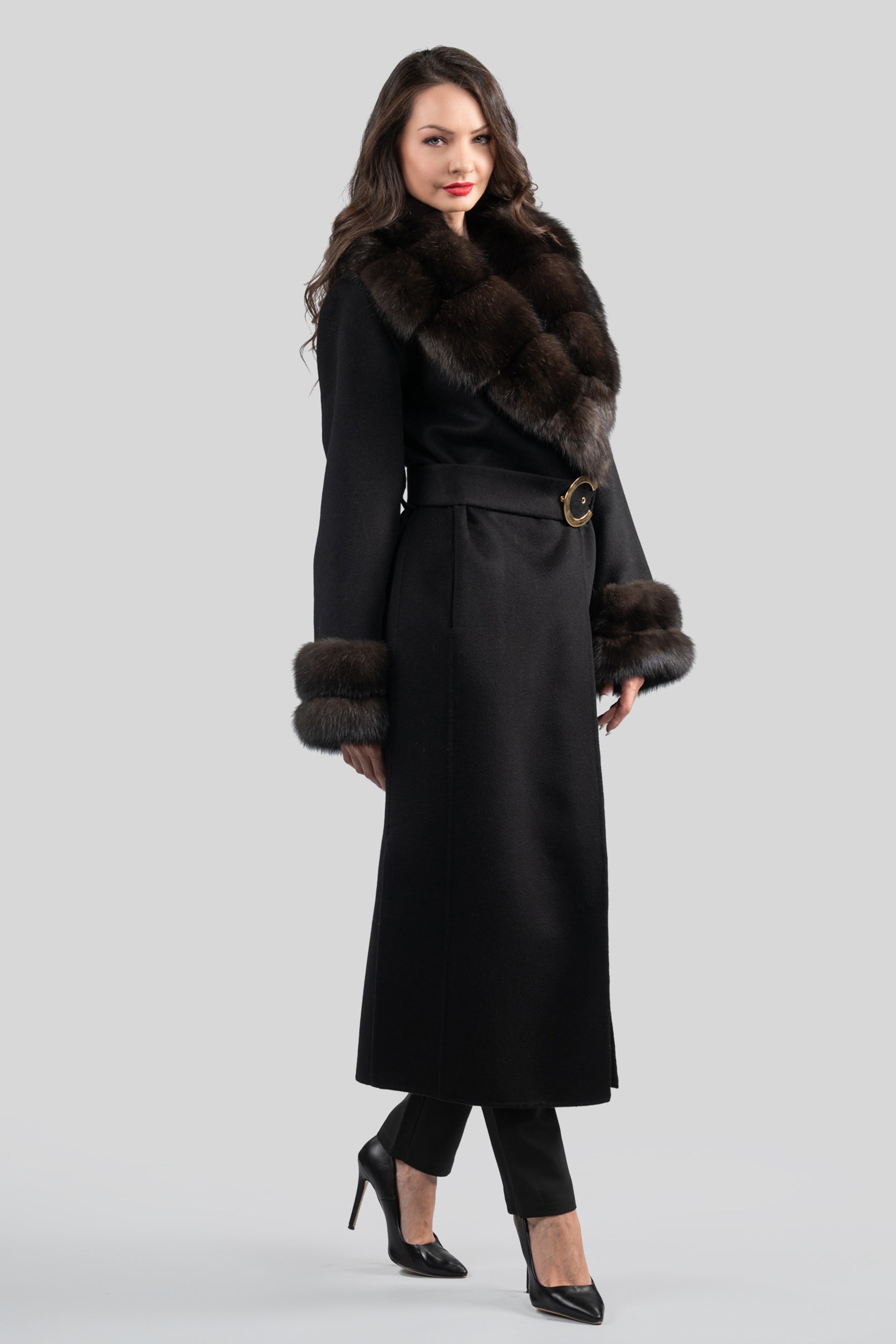 Black Cashmere Coat with Russian Sable Shawl Collar 20C8070