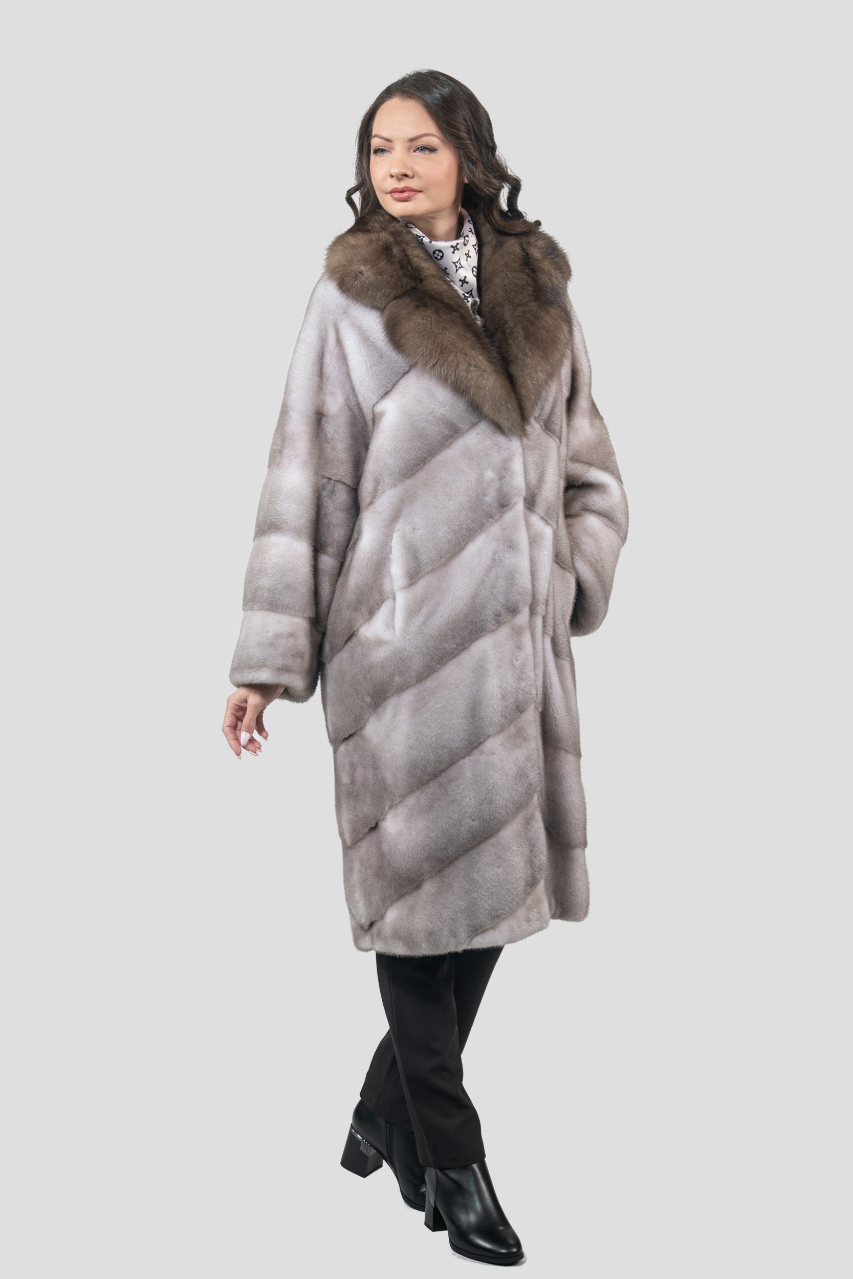 Silver Blue Mink Coat with Russian Sable Trimmed Notch Collar A/K13C848GS20