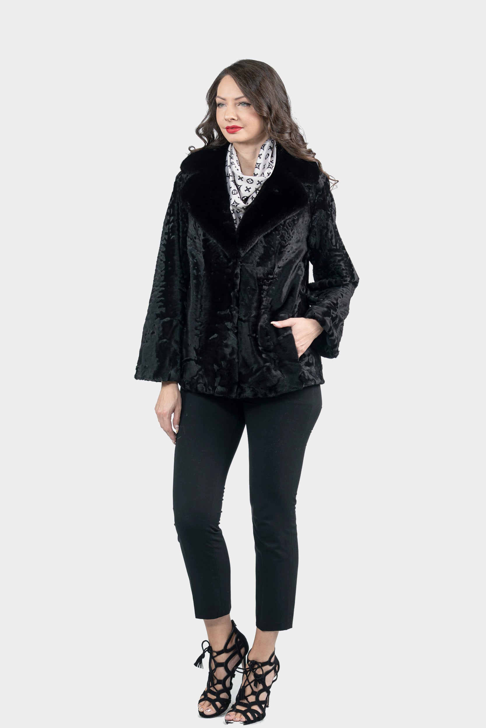 Black Swakara Jacket with Mink Notch Collar S/S13C528s20