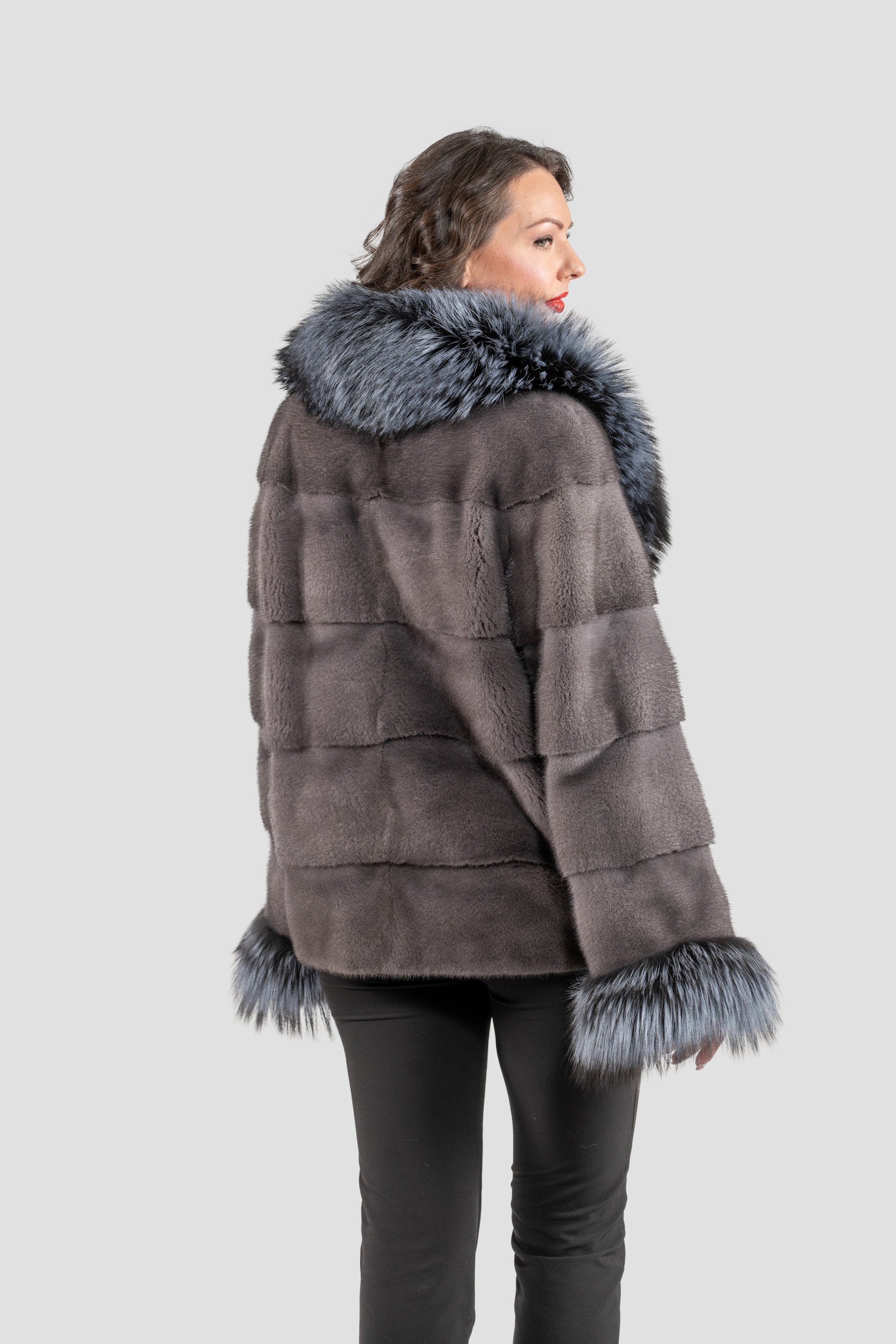 Grey Moon Mink Fur Jacket with Fox Shawl Collar and Cuffs P/K13C528C17