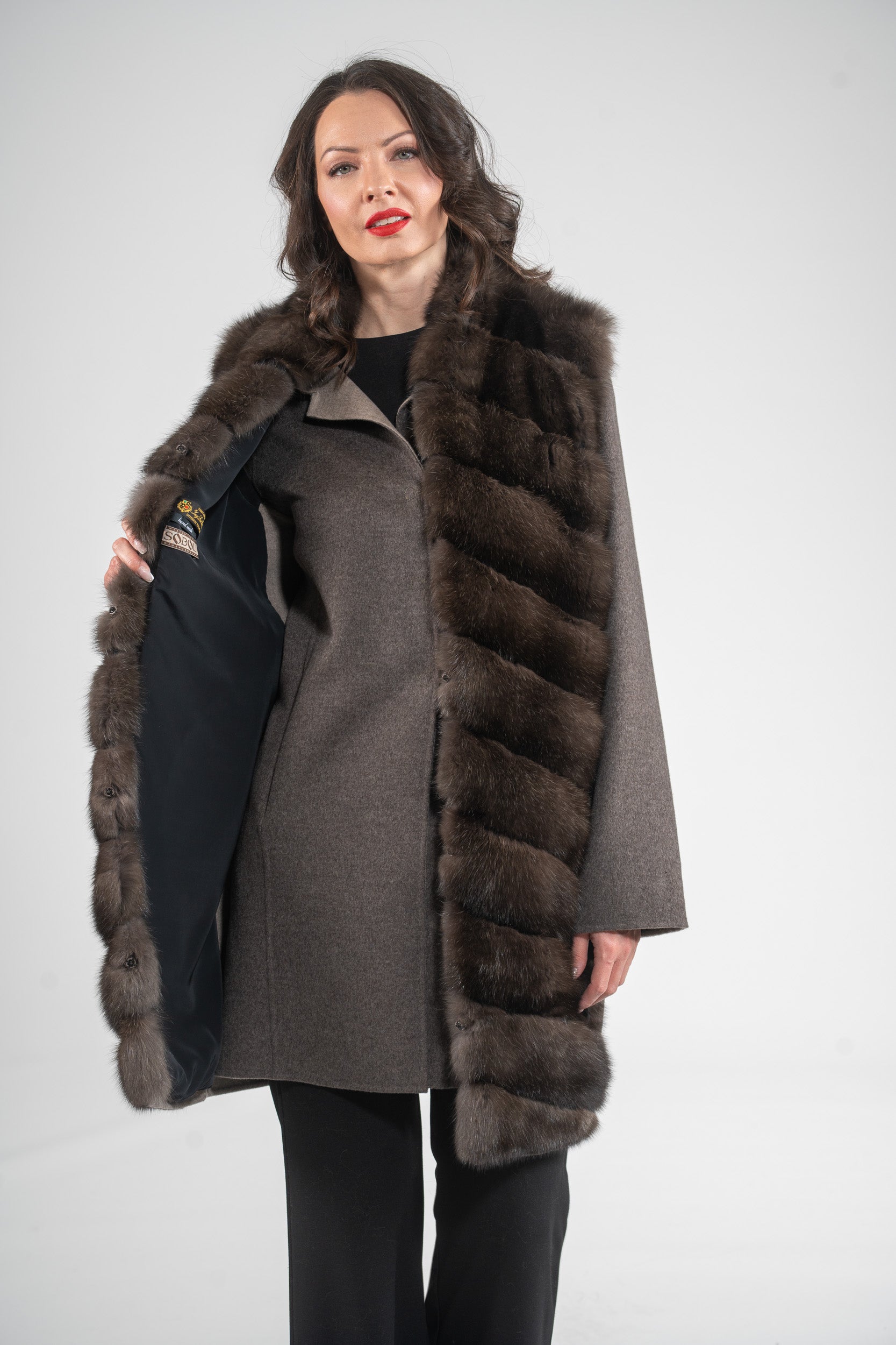 Brown Grey Cashmere Half Coat & Vest with Russian Sable Trim 17C8003s