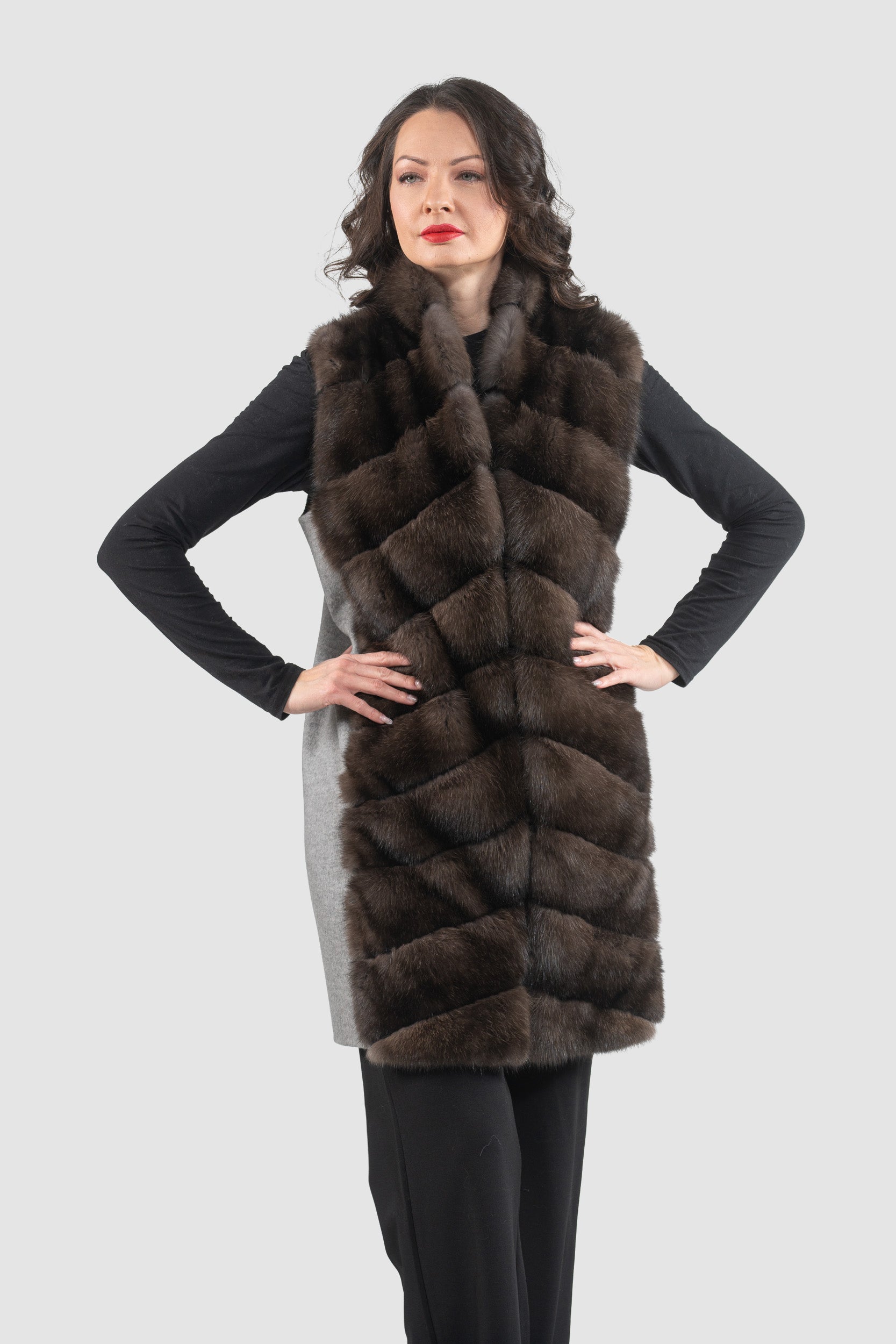 Grey Cashmere Vest with Russian Sable Trim 17C8003