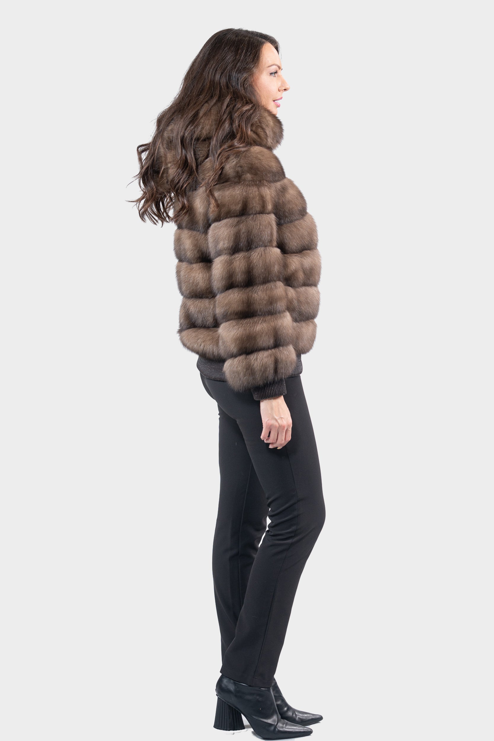 Reversible Titanium Russian Sable Bomber Jacket with Attached Hood P/K228H