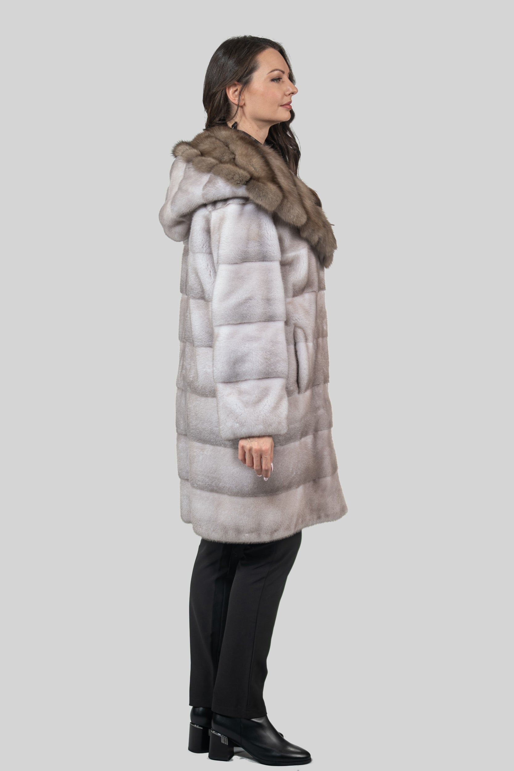 Silver Blue Mink Half Coat With Russian Sable Hood P/K13C540