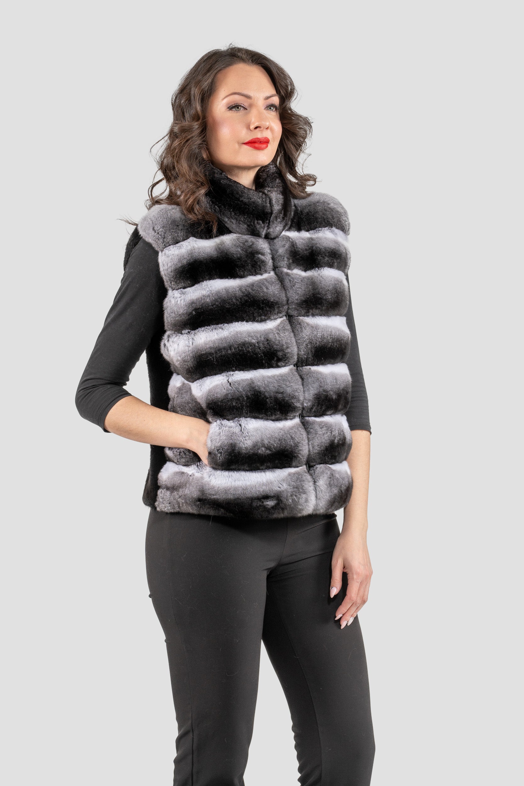 Natural Chinchilla Fur Vest with Stand Collar and Mink Trim P/K2201