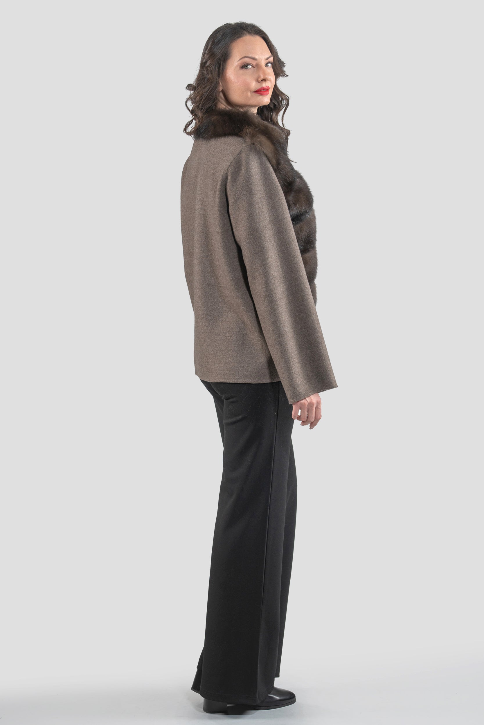 Brown Grey Cashmere Jacket with Baumarten Fur Trim 17C8003G530