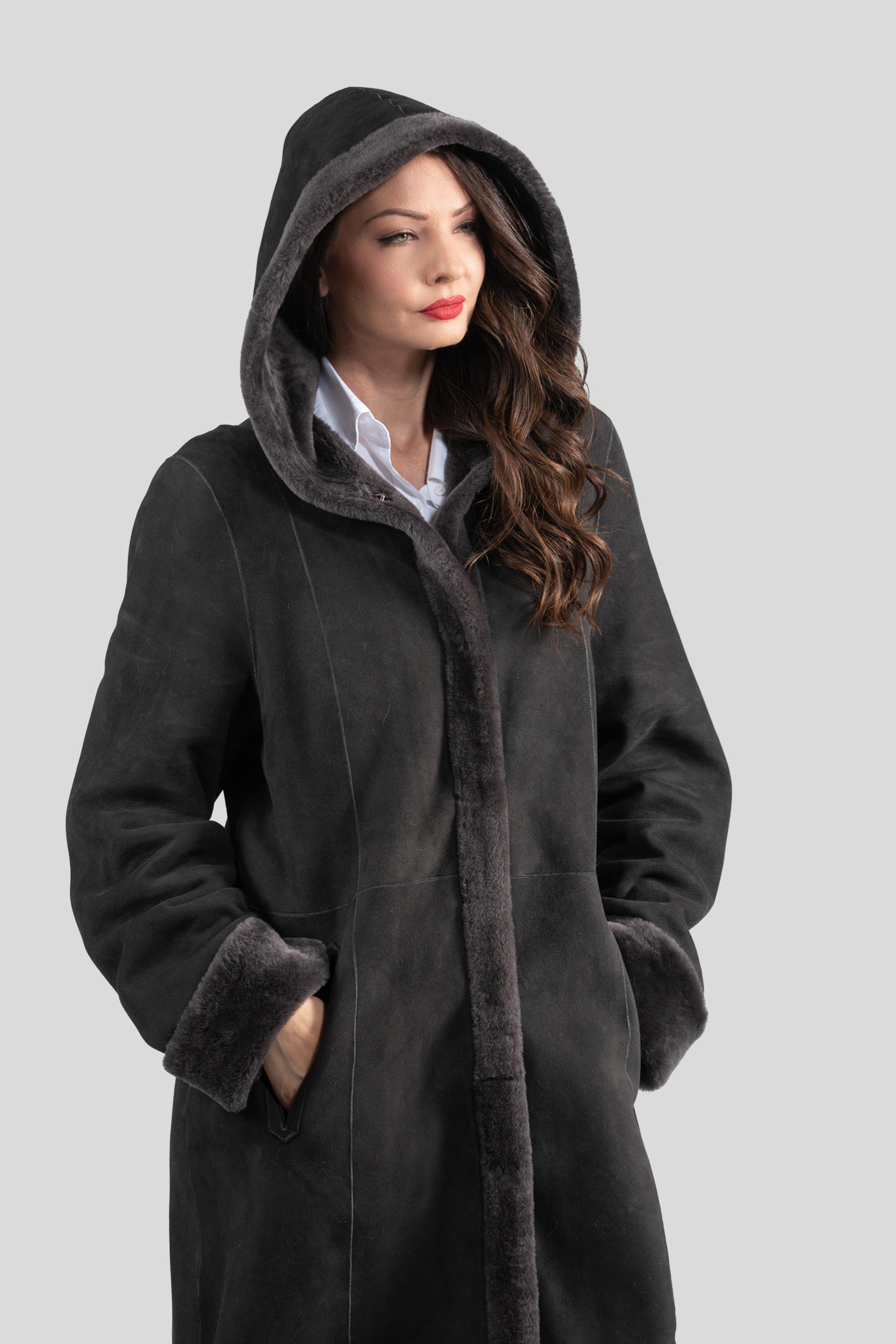 Hooded Gray Half Coat in Spanish Merino 207H