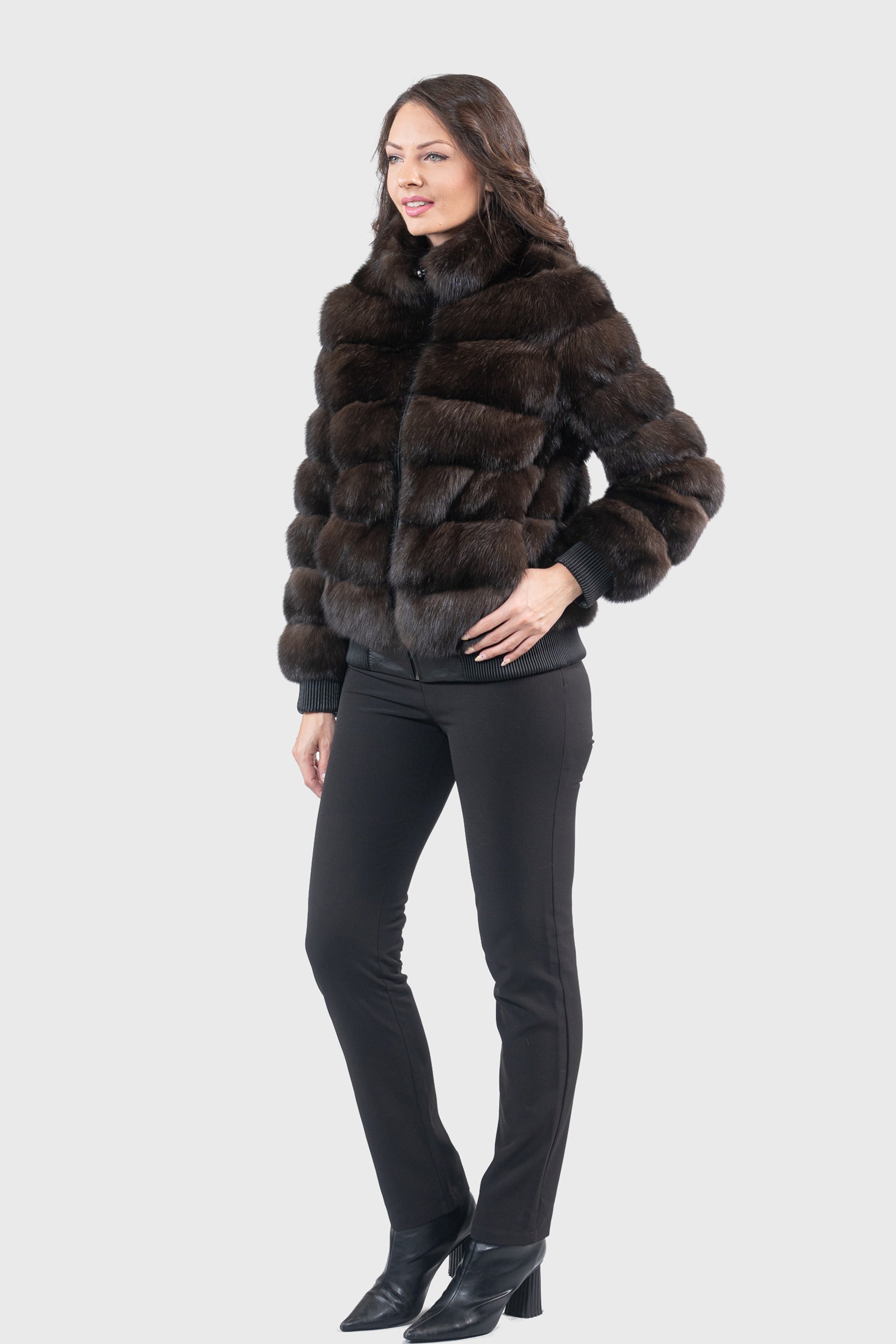 Reversible Dark Russian Sable Bomber Jacket with Stand Collar P/K228