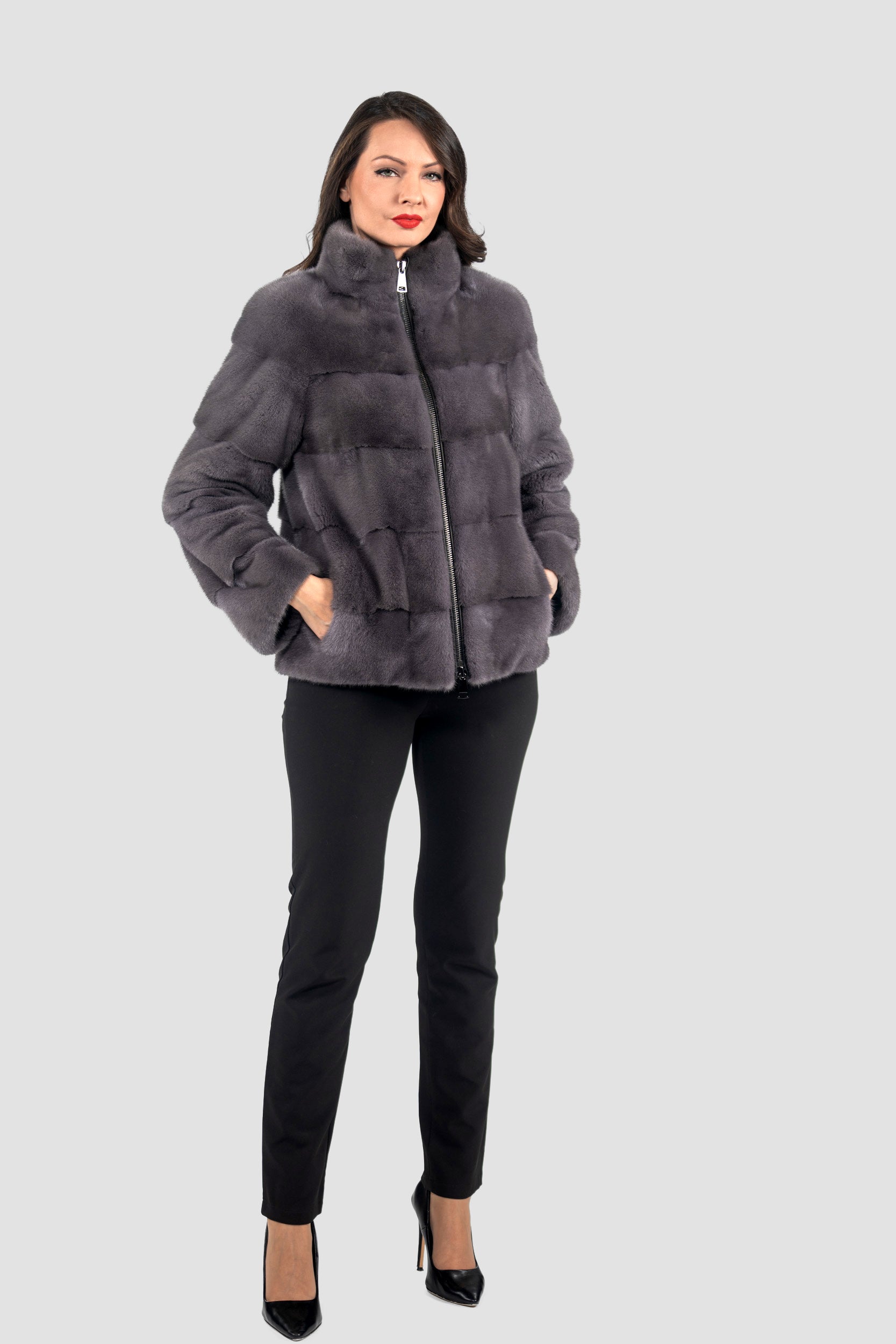 Grey Moon Mink Jacket with Stand Collar and Zipper P/K13C224