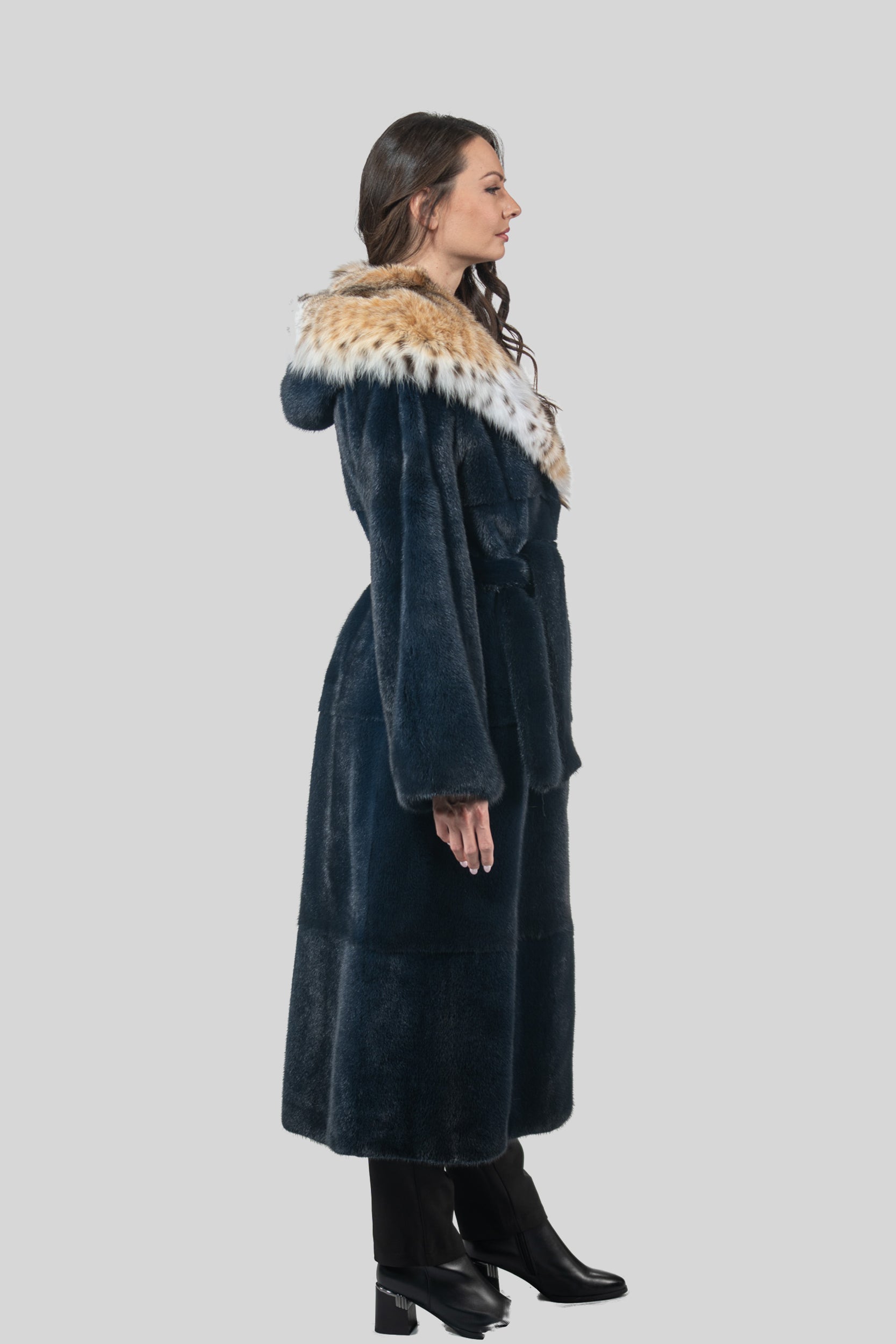 Blue Black Mink Coat with Bobcat Hood S/S13C978