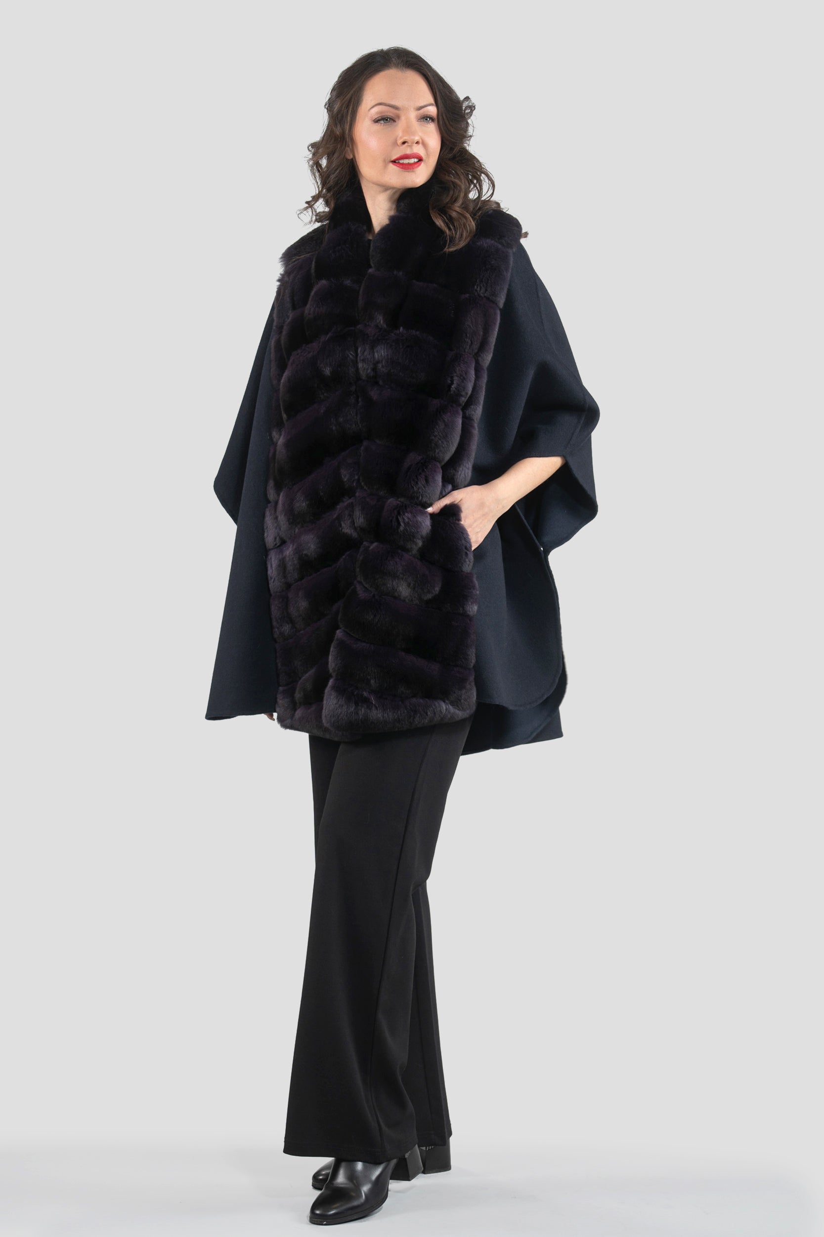 Black Cashmere Cape with Aubergine Chinchilla Trim 18M950