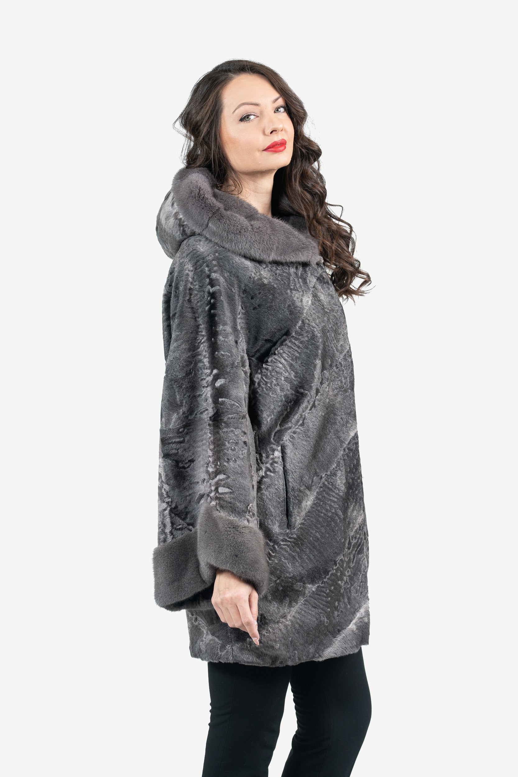 Grey Moon Swakara Half Coat with Mink Trim A/K850V30