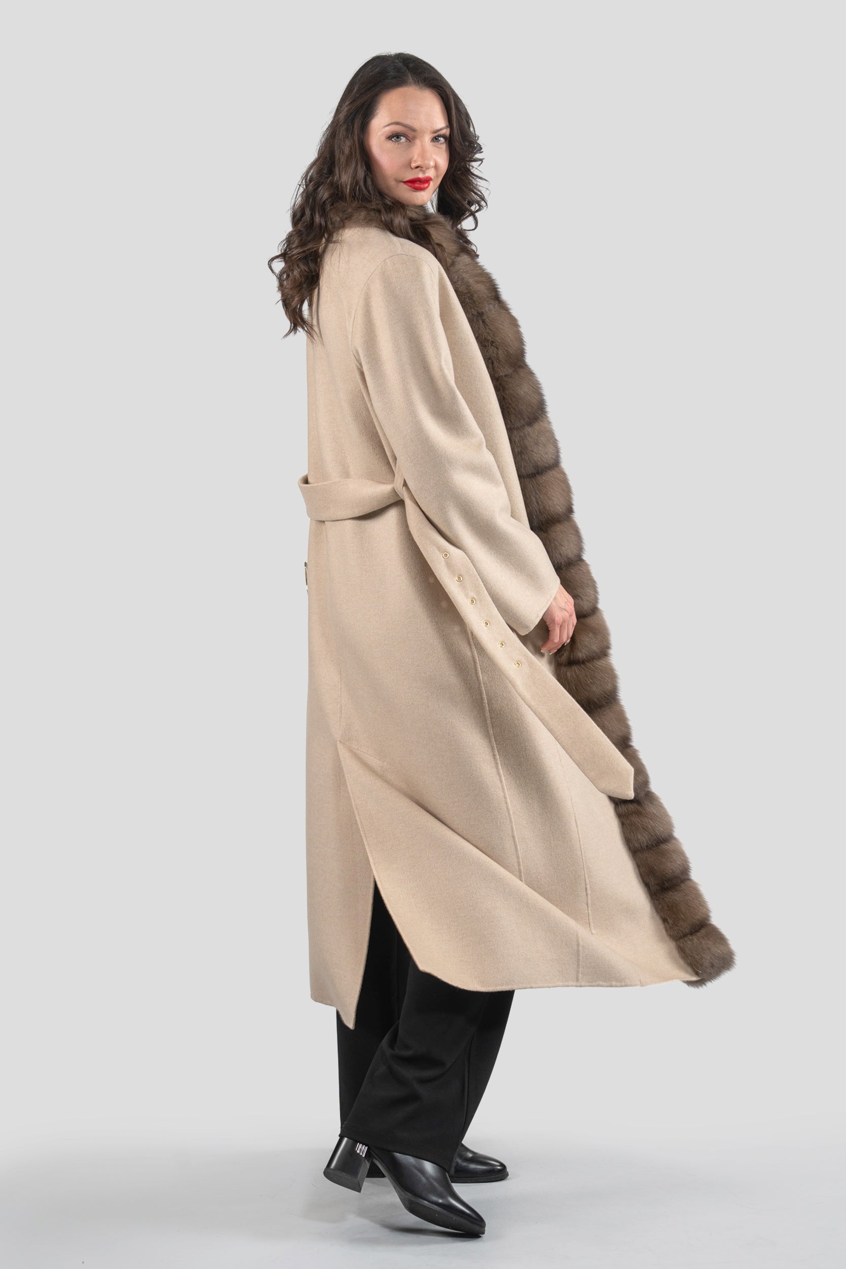 Ecru Beige Cashmere Coat with Russian Sable Trim 21C6080