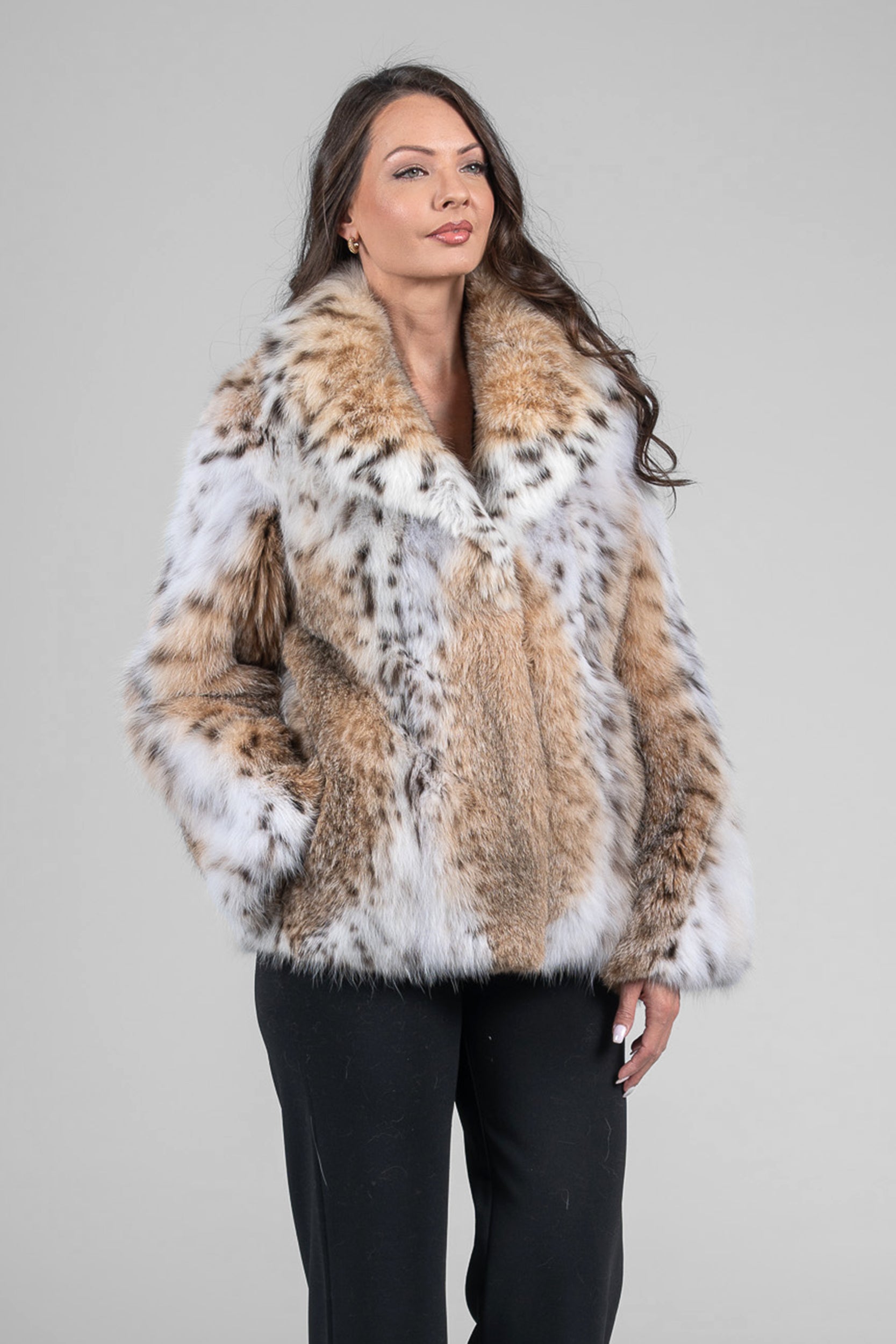 Bobcat Fur Jacket with Notch Collar in Natural Spotted Pattern 13C528S20